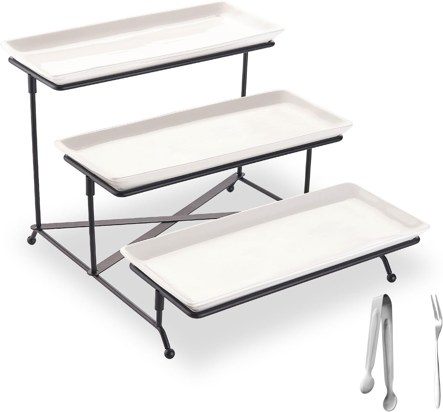 Top G 3 Tier Serving Tray with Stand,Cake Stands Porcelain Tiered Serving Platters Dishes with Collapsible Sturdier Rack, Dessert Display Stand for Party Entertaining, Food Presentation, Gold,14Inch