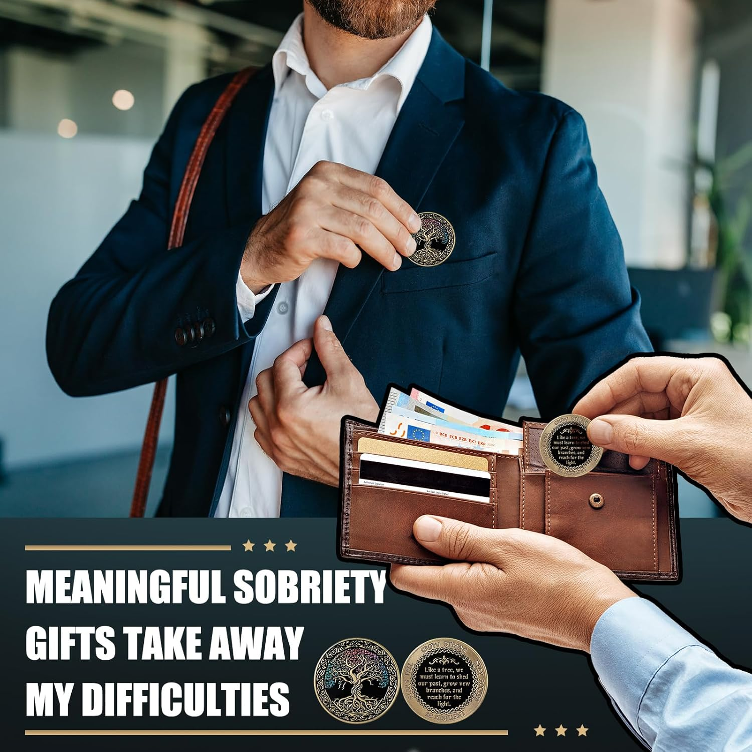 Outus 12 Set Affirmation Sobriety Coin Gift Tree AA Chip Medallion with Coin Capsule, Display Stand and Card Alcoholics Anonymous Medallion Sobriety Gifts for Anniversary Men and Women in Recovery image number 2