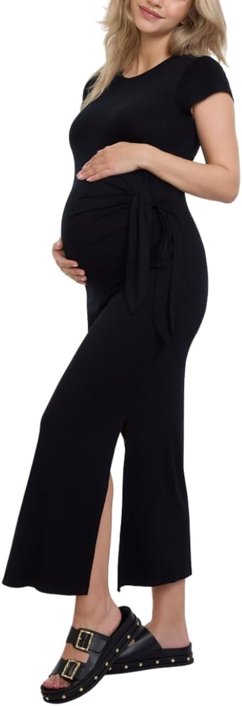 Motherhood Maternity Women'S Short Sleeve Crew Neck Side Tie Detail Midi Casual Pregnancy Dress