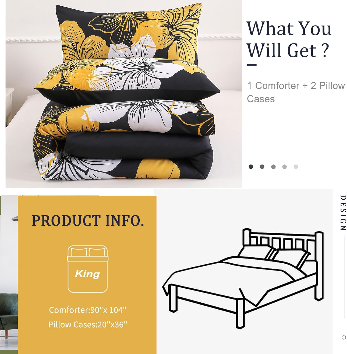 Menghomeus King Size Comforter Set Black/Gold Floral Bedding Comforter Sets Soft Microfiber Bed Comforter Set for All Season 3 Piece Botanical Flowers Comforter, Pillowcases image number 2