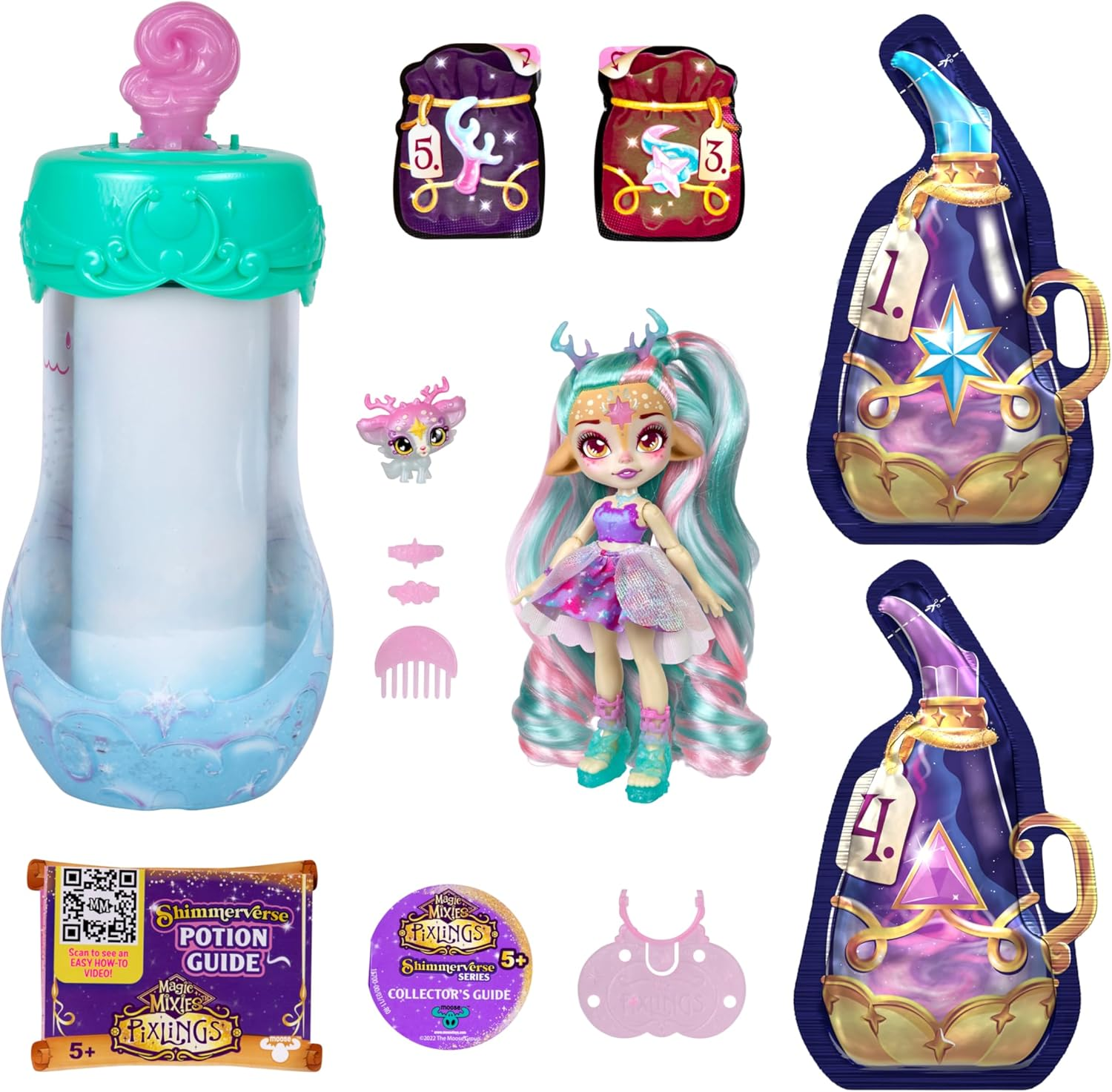 Magic Mixies Pixling Deluxe Pack Deerlee. Create and Mix a Magic Potion That Magically Reveals a 16.5Cm Pixling Doll with Super Long Magic Hair! Has an Exclusive Mini Mixies and 4 Hair Accessories. image number 1