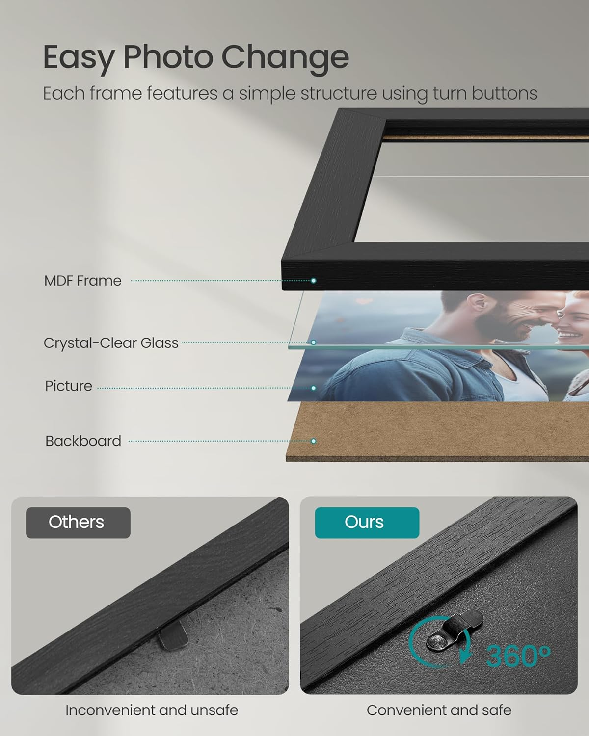 SONGMICS Picture Frames, 10 Pack Collage Picture Frames with Two 8X10, Four 5X7, Four 4X6, Photo Frame Set for Wall Gallery Decor, Hanging or Tabletop Display, Clear Glass Front, Black image number 3