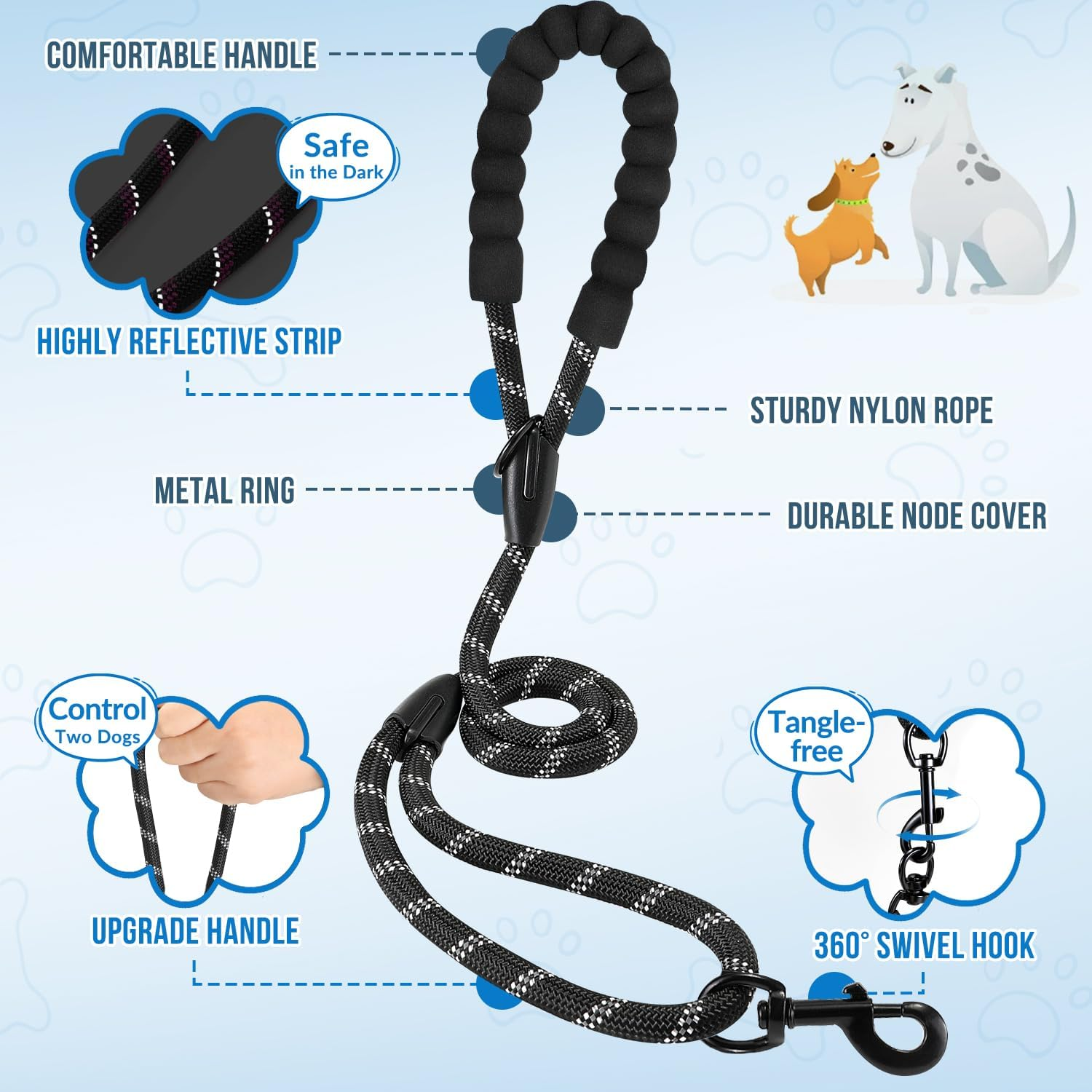 AUTOWT Double Leash for Two Small Dogs, No Tangle 360&deg; Swivel Dual Dog Leashes with 4 Handles, Super Lightweight for Puppy under 20Lbs, Reflective Adjustable Strap and Shock Absorbing Bungee image number 2