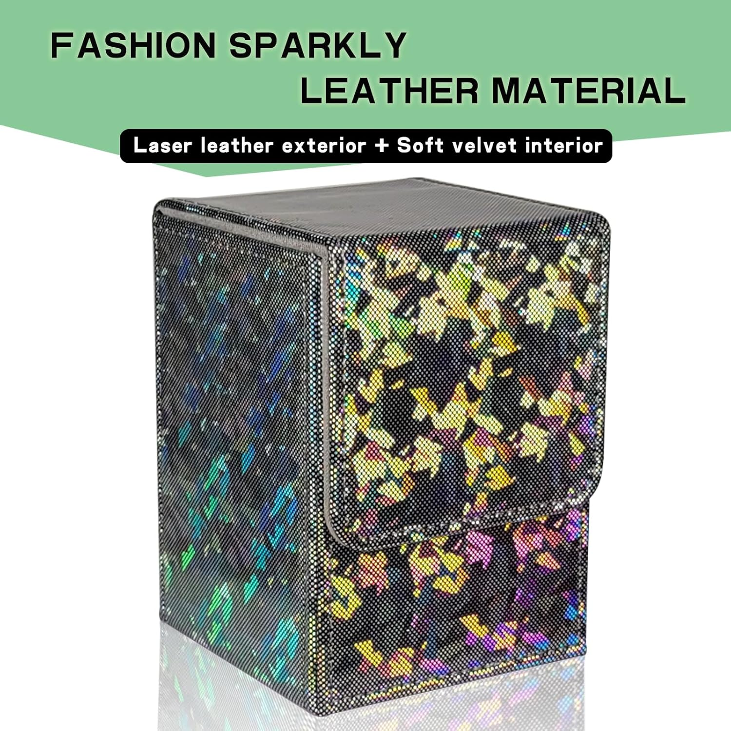 Dmoicols Sparkly Card Deck Box Holds 100+ Single Sleeved Cards ,Leather Card Storage Case,Mtg Commander Deck Box with 2 Dividers Fit TCG CCG Magic Cards Vertical(Sparkly Black Piece) image number 1