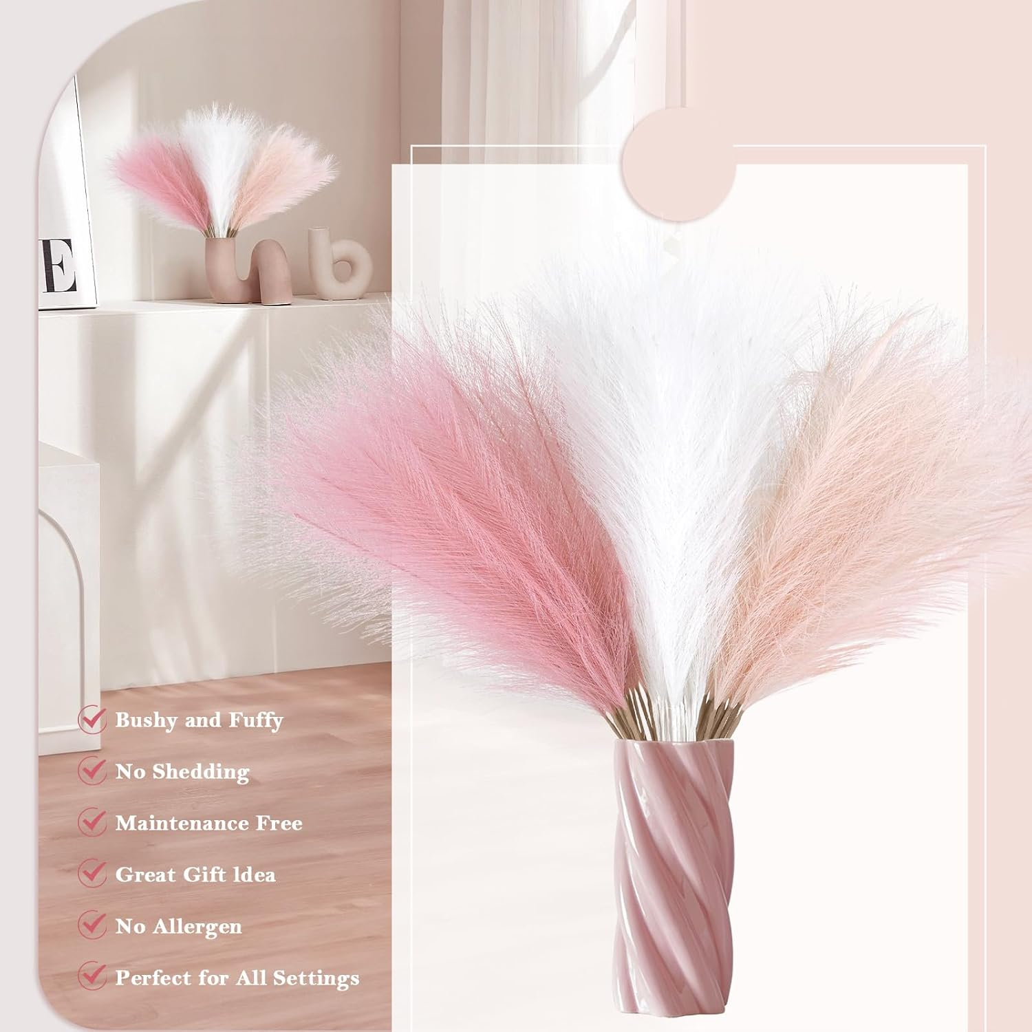 Lenamos 60Pcs Faux Pampas Grass Decor, 21.6"/55Cm Artificial Pompous Grass Floral Fake Pompas Grass Branches Vase Filler Flower Arrangement for Home Wedding Boho Decor (White & Blush & Pink) image number 2