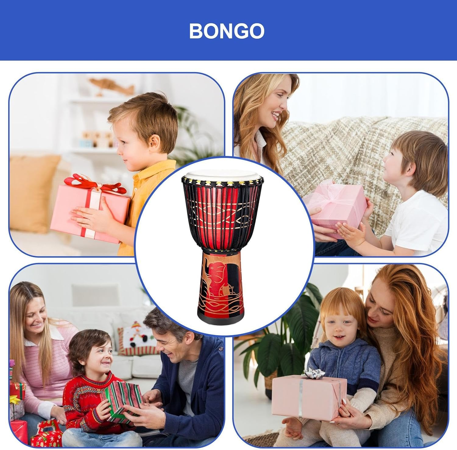 Bongo Drums Adults, African Inspired Hand Drum, 15.75 Inches, Blue Multicolored Musical Instrument, Wooden Leather Design, Artistic Music Decor for Stage Performances, Activities image number 2