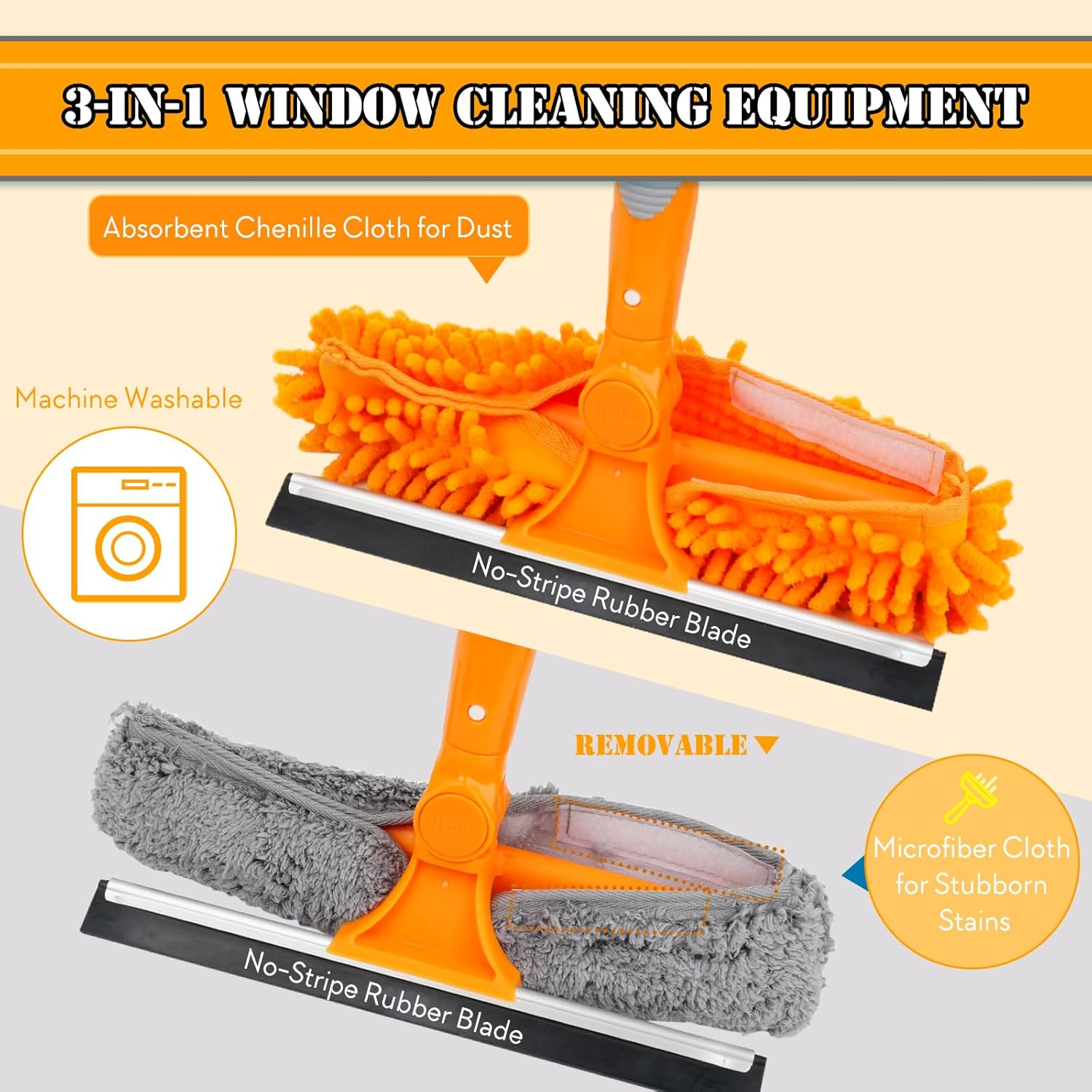 Lapluied 4M/157" Long Reach Window Cleaning Equipment, 3 in 1 Telescopic Window Cleaner, 270&deg; Rotating Squeegee Window Cleaning Kit with 10 Extendable Pole for Indoor/Outdoor High Window,Orange image number 4