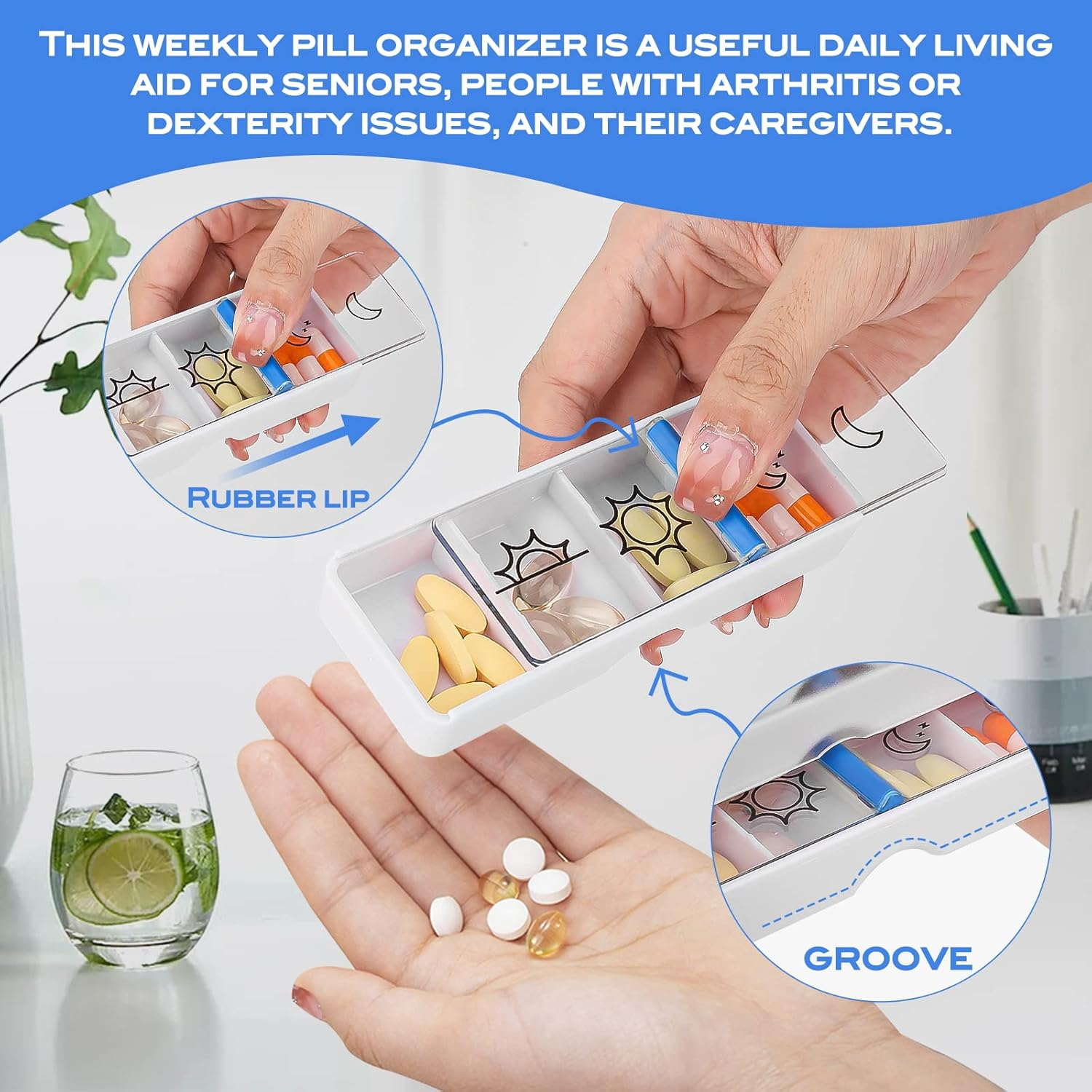 Weekly Pill Organizer 4-Times-A-Day 7 Day Pill Box Large Compartments Moisture-Proof Pill Case Medication Organizer Portable Travel Container for Vitamins Fish Oil Compartments Supplements Easy Grip image number 3