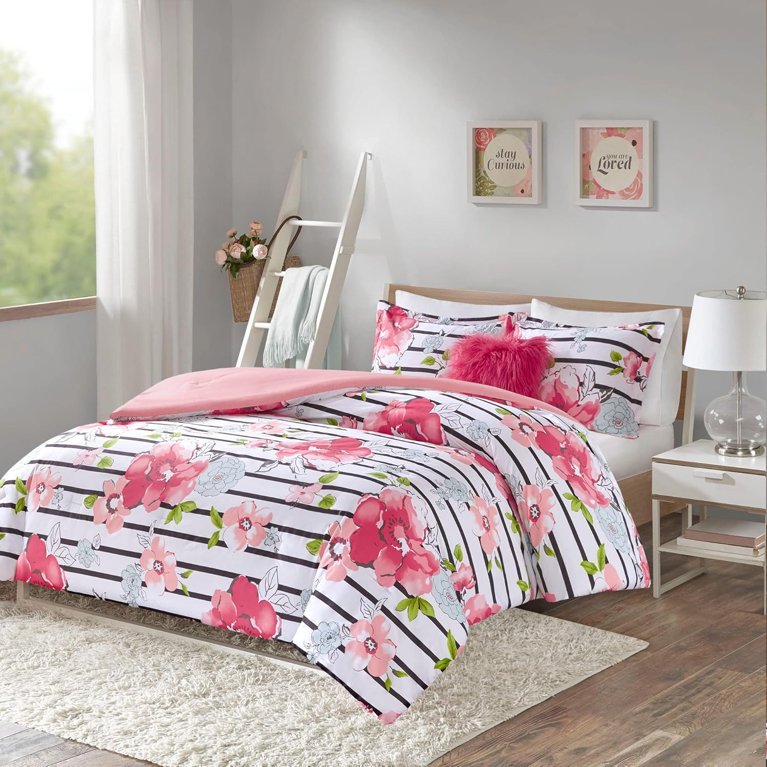 Comfort Spaces Zoe Comforter Set Printed Striped Floral Design with Faux Long Fur Decorative Pillow Bedding, Pink, Twin/Twinxl, 3 Piece image number 6