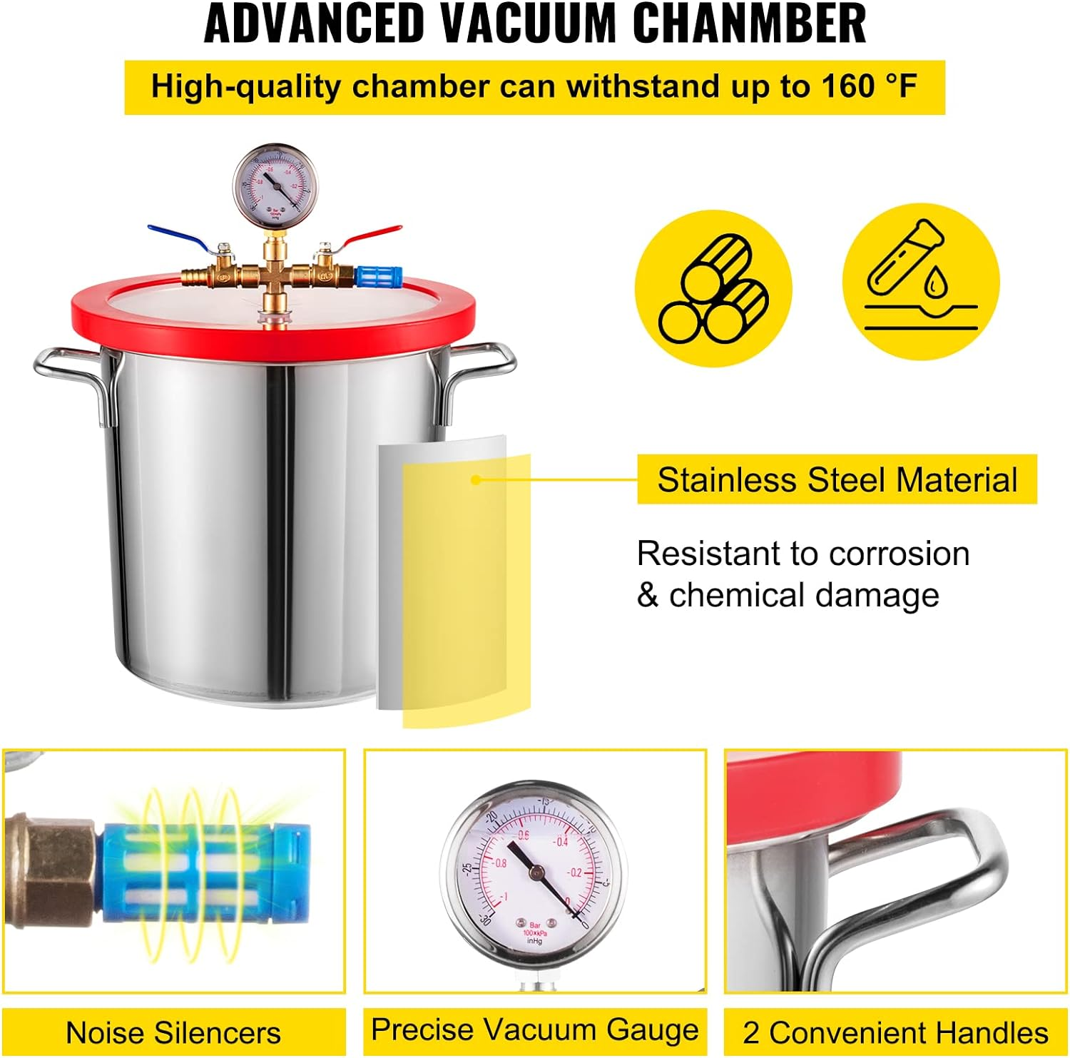 VEVOR 3 CFM 1/4HP Single Stage Vacuum Pump,3 Gallon/13 L Vacuum Chamber Kit, HVAC A/C Refrigeration Kit image number 5