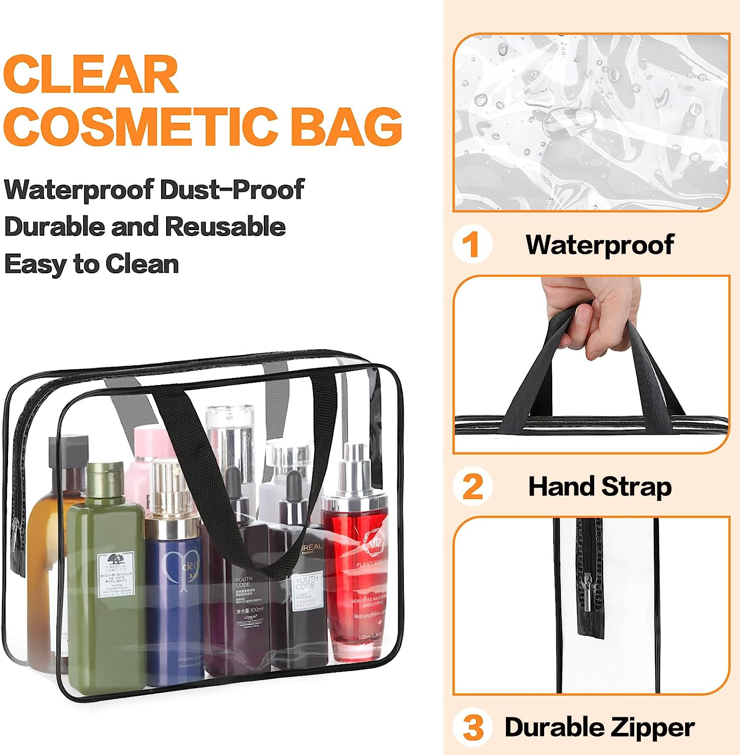 2 Pieces Large Clear Makeup Cosmetic Toiletry Organizer Bag, Clear Plastic Tote Bags, Waterproof Transparent Small Clear Handbag Purse, Clear, L image number 3