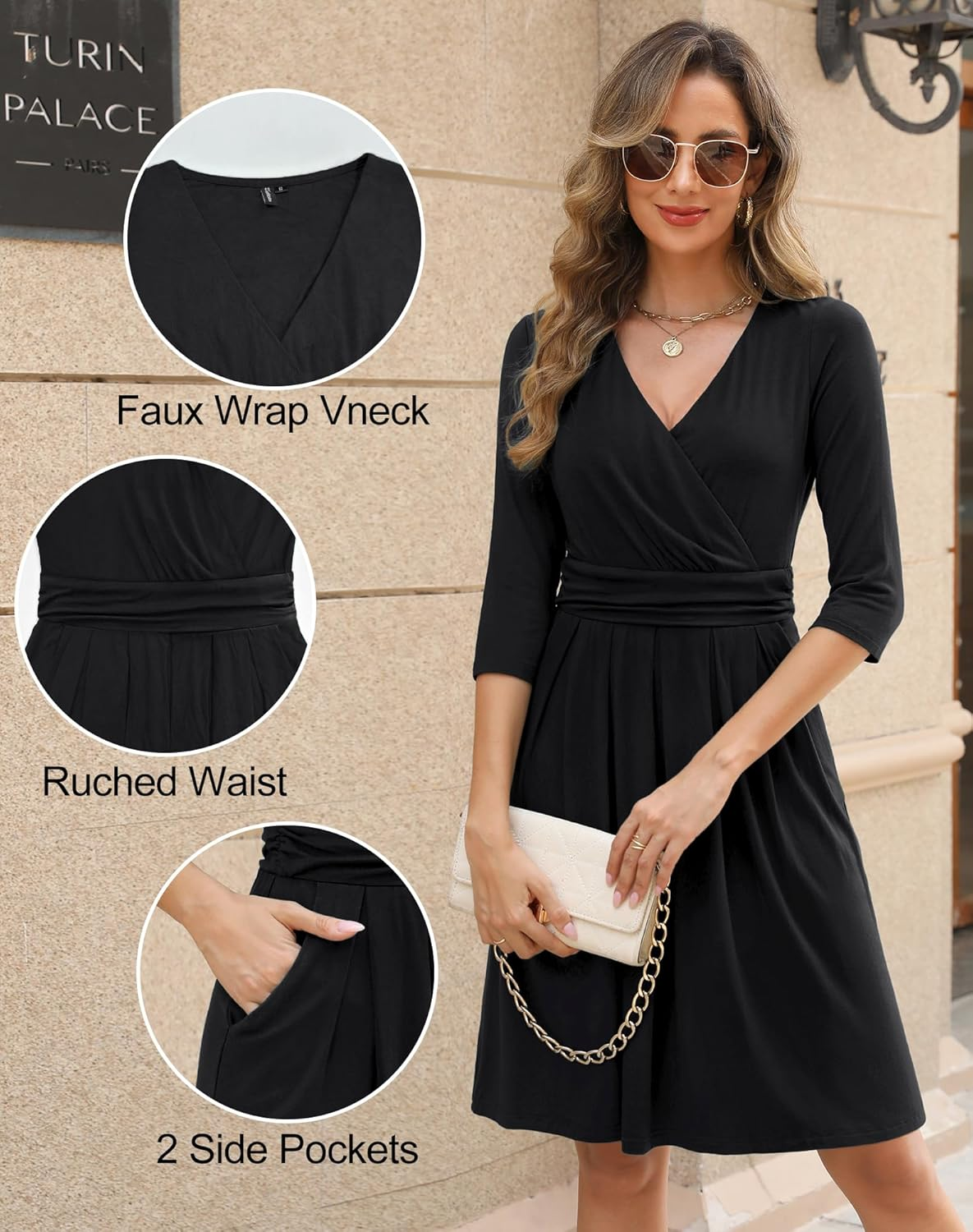Zattcas Womens 2025 Wrap V Neck 3/4 Sleeve Cocktail Dress Pleated a Line Fit and Flare Wedding Guest Dress with Pockets image number 3