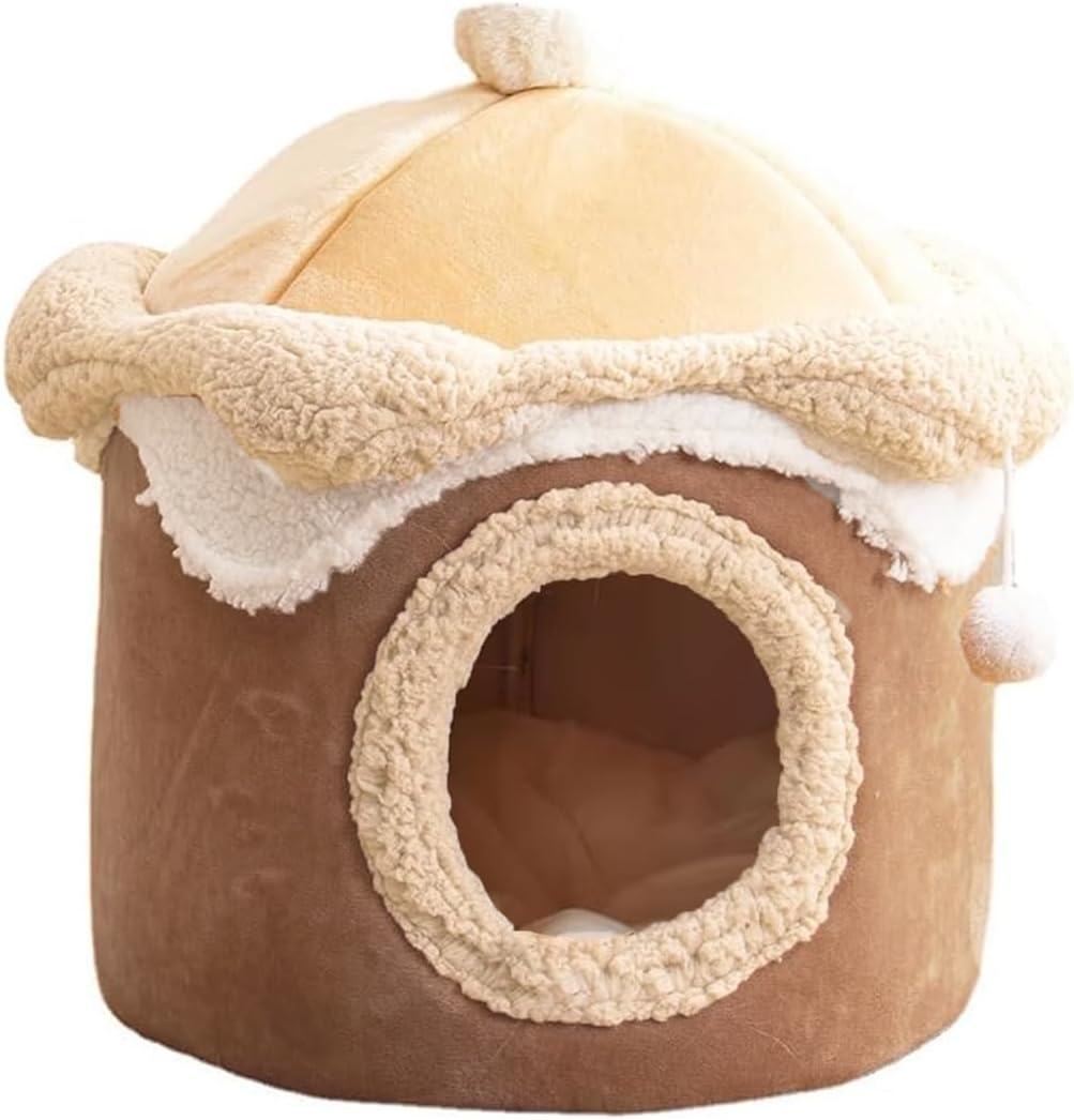 AIMALL Ice Cream Shape Cat Bed Winter Warm Plush Kennel for Cats and Small Dogs, Cute Indoor Felt Pet House with Pom Toy, 15.74In or 18.89In &ndash; Brown image number 4