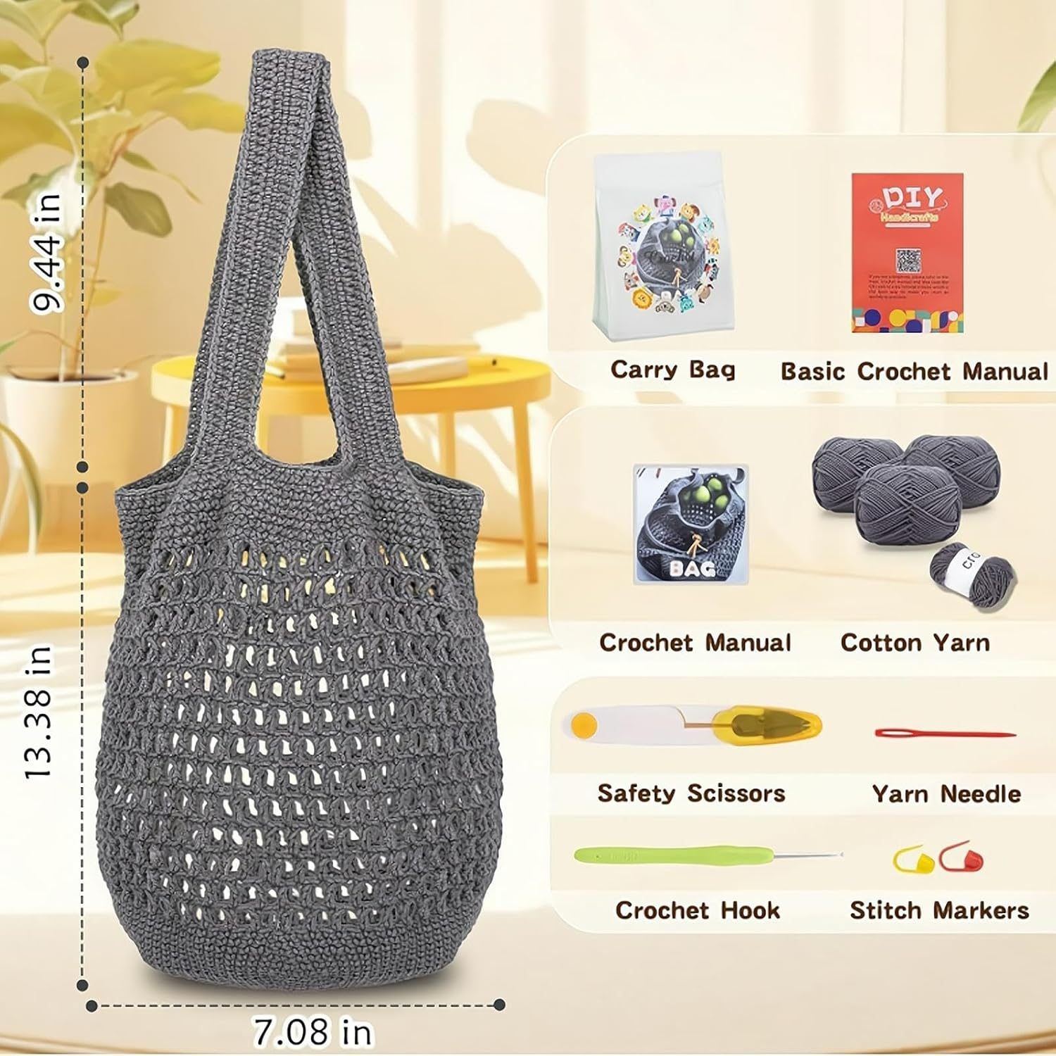 REGODI Beginner Crochet Kit with Video Tutorials - Gray Granny Square Tote Bag for Adults, Easy Knitting Kit for Beginners, DIY Craft Projects image number 2
