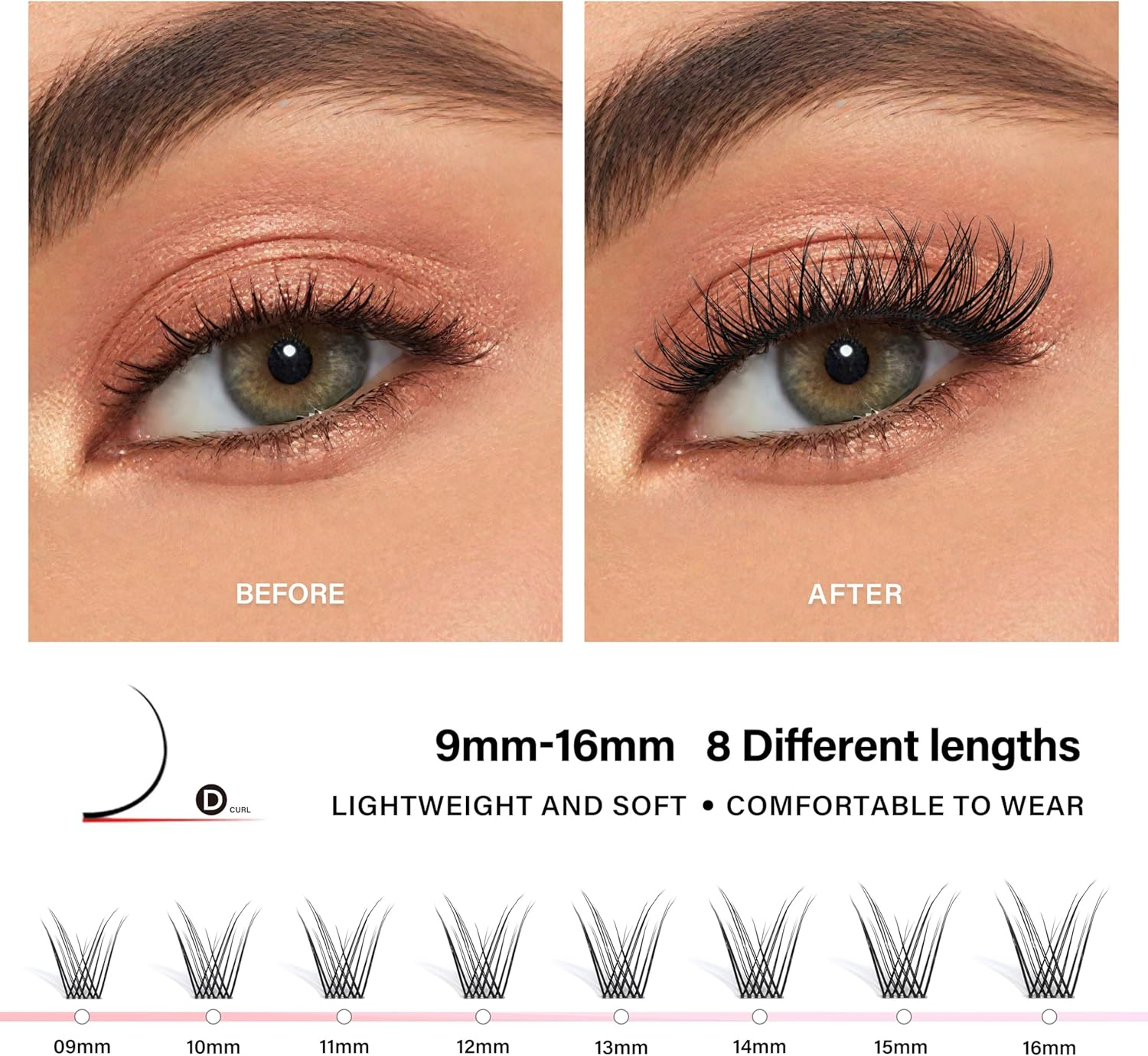 Happy Heartbeat Natural Lash Clusters Thin Invisible Band Eyelash Extension Clear Band Individual Lashes Soft Wispy Mixed Length Reusable DIY False Eyelashes(U5) image number 2