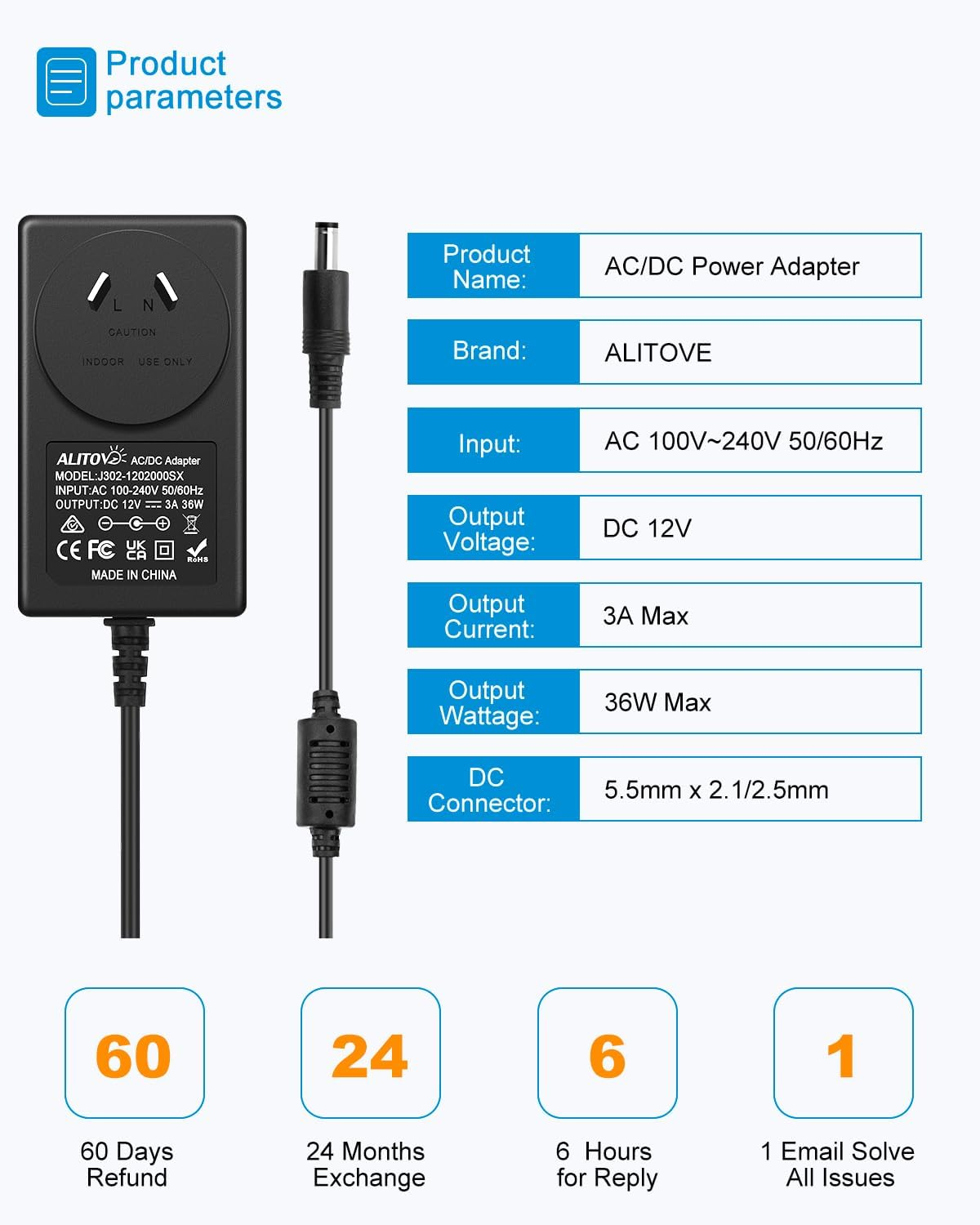 ALITOVE 12V 3A Power Supply Adapter 220~240V AC to DC 12 Volt 3 Amp 36W Converter 12 Vdc 3000Ma 2.2A 2.4A 2.5A 2.8A Available 5.5Mm X 2.5Mm 2.1Mm for LED Strip Light CCTV Security Camera Router image number 5