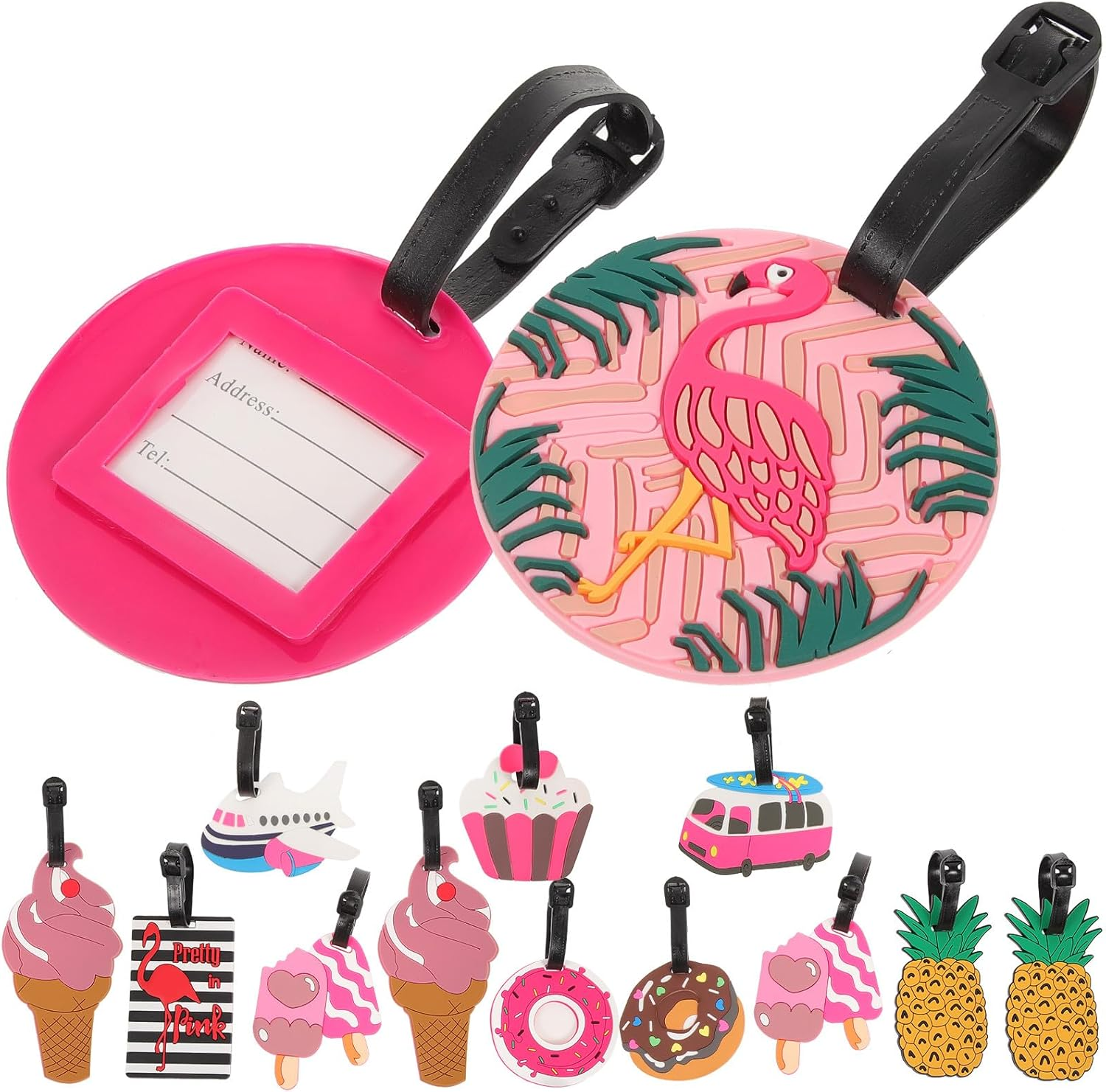 Bestonzon 10Pcs Funny Luggage Tags Set for Suitcases Cute Cartoon Baggage Tags with Flamingo Donuts and Ice Cream Design Travel Suitcase Identification for Women Boys and Girls image number 5