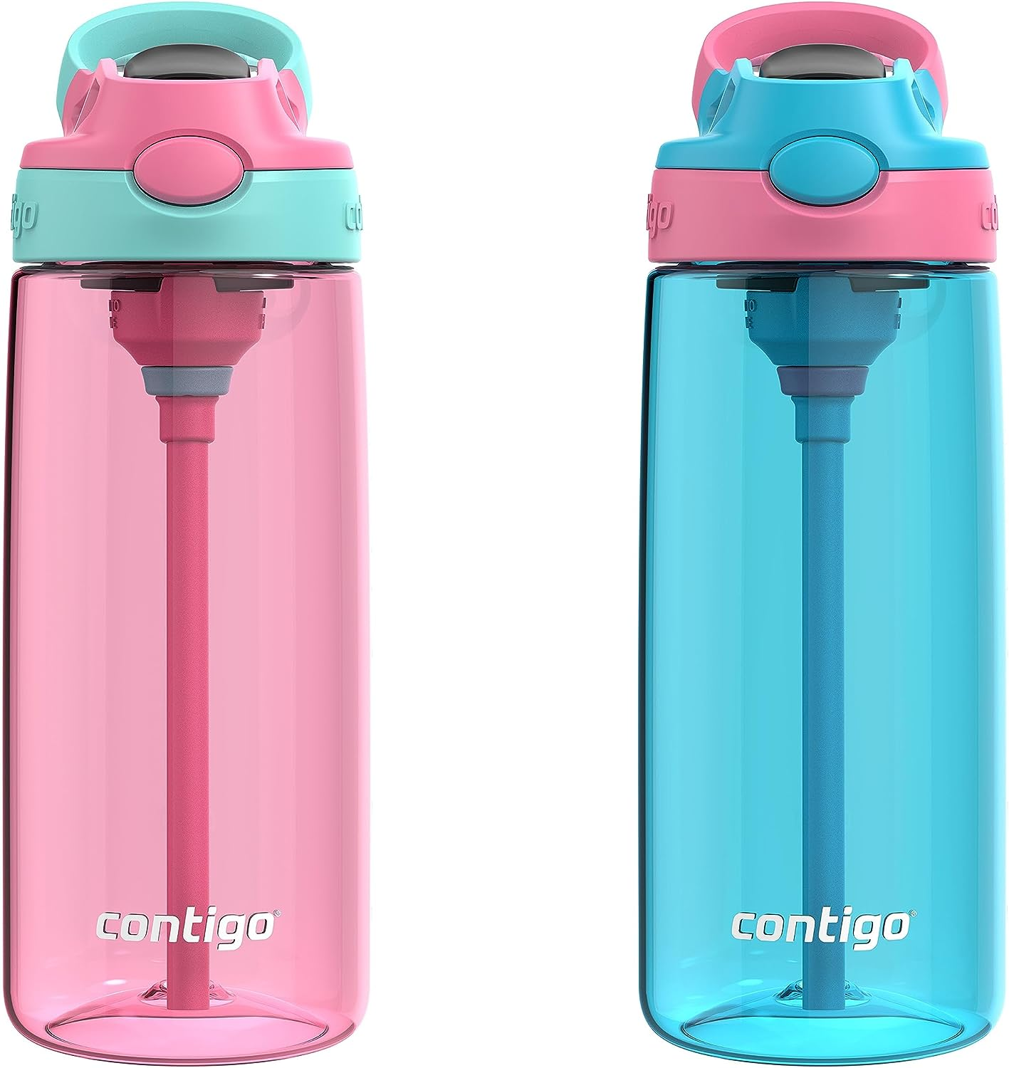 Contigo Aubrey Kids Cleanable Water Bottle with Silicone Straw and Spill-Proof Lid, Dishwasher Safe, 20Oz 2-Pack, Azalea/Jade & Blue Raspberry/Azalea