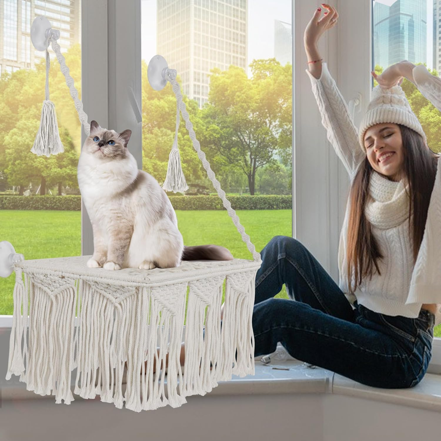 Cat Window Perch, Macrame Cat Hammock Boho Wall Mounted Pet Resting Seat Bed for Sunbathing, Napping & Overlooking with 4 Seat Suction Cups(No Pet Mat Included)