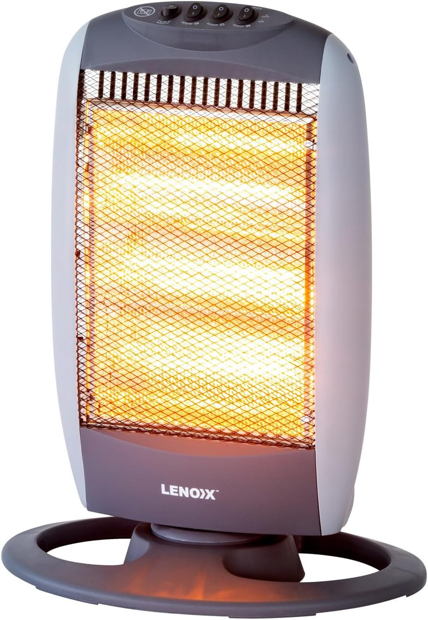 Lenoxx 1200W Halogen Heater: 3 Heat Settings, Wide Angle Oscillation, Tip-Over Protection, 3 Separate Halogen Tubes, Built-In Carry Handle, Household Essentials - Grey image number 1