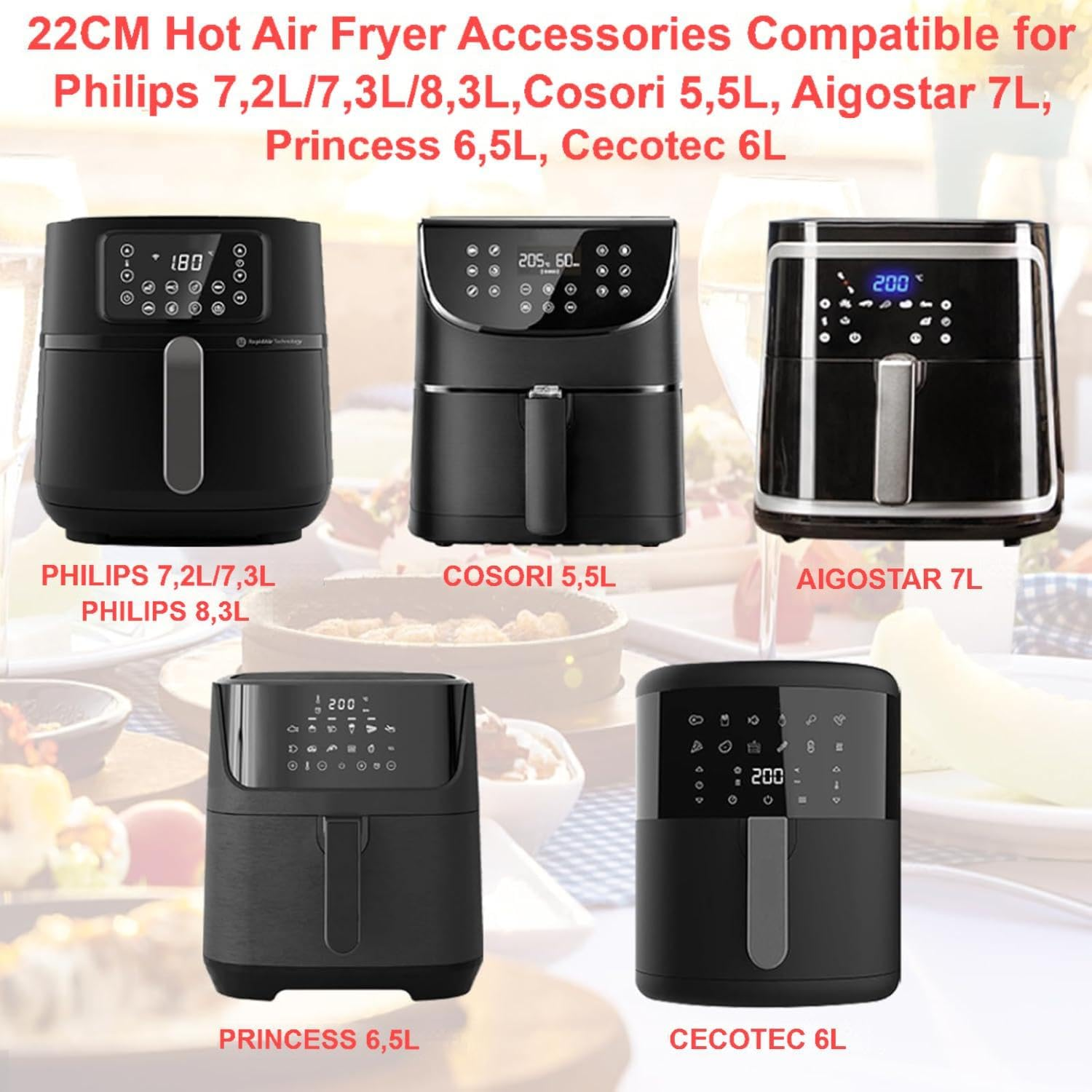 Air Fryer Accessories Set 8 Inch,12 Piece 22 Cm XXL Compatible for Philips 7.2L/8.3L,For COSORI 5.5L, for Tefal 6.5L, for Cecotec 6L.