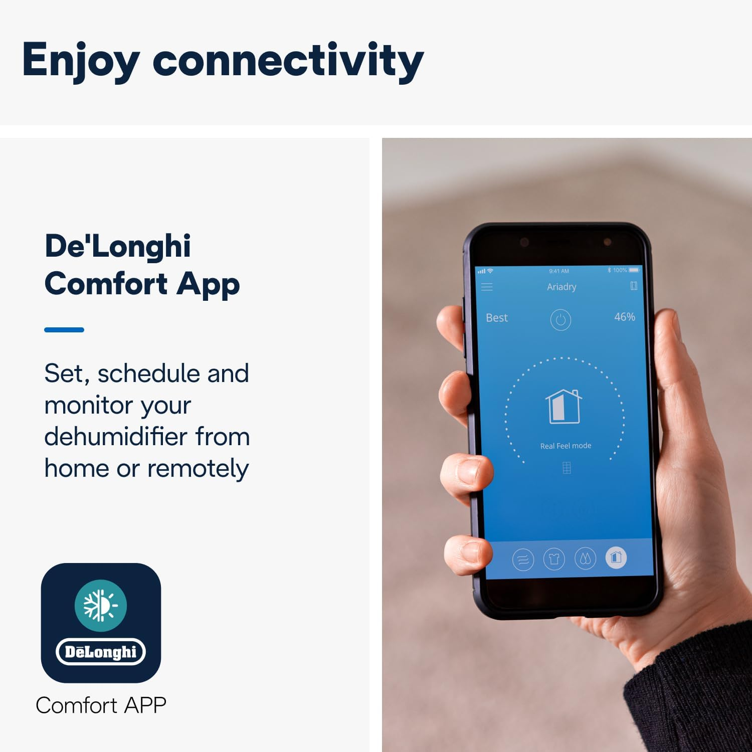 De'Longhi Tasciugo Ariadry Pure 21L Dehumidifier DDSX220WF, 2 in 1 Dehumidifier and Air Purifier for Moisture Control, Wi-Fi Connectivity, Laundry Function, 4-Action Filtration System, White image number 6