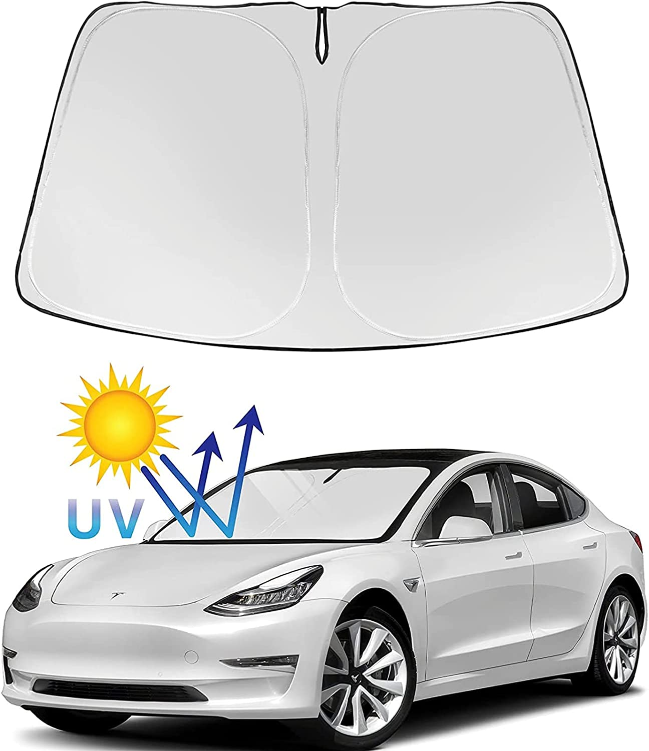 Tesla Model 3 and Y Front Windshield Sunshade, Easy to Use Foldable Lightweight Sun Shield with a Pouch, Blocks UV Rays Suitable for Tesla 3/Y, Keep the Vehicle Cool and Damage-Free image number 3