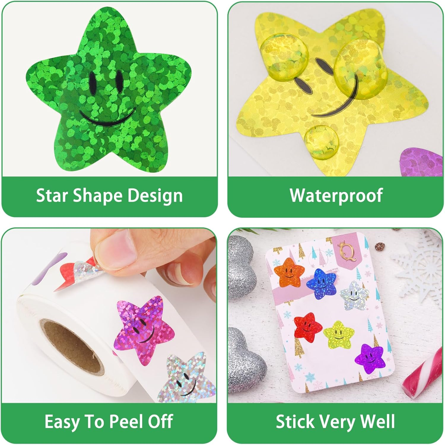 Anwyll Star Smiley Face Stickers - Happy Face Stars Stickers for Kid Reward 500Pcs 1Inch Shiny Star Sticker Self Adhesive Glitter Foil Stars Sticker for Envelope Seal Classroom Teacher Behavior Chart image number 2