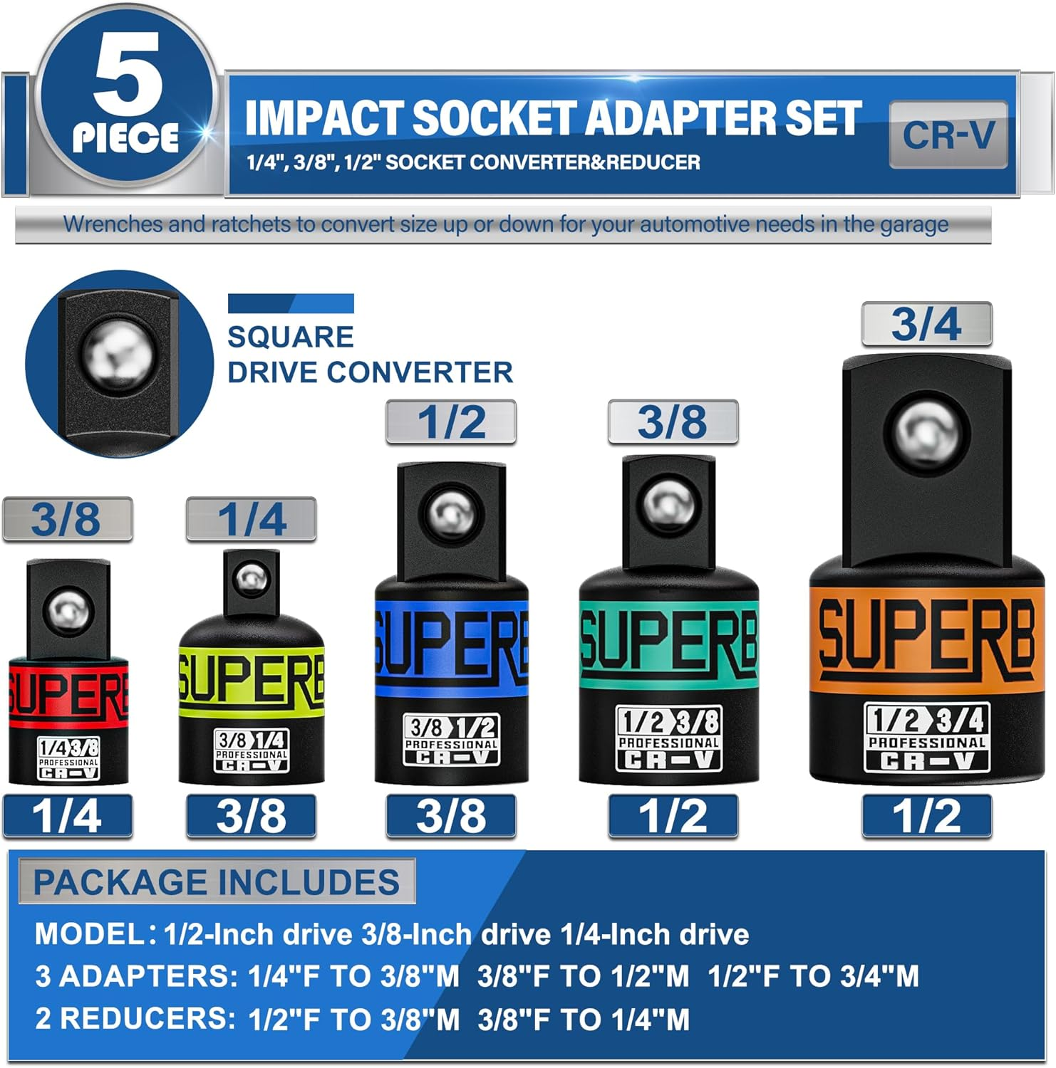 Arwealxs 5 Piece Impact Socket Adapter and Reducer Set, 1/2 to 3/4,1/2 to 3/8,3/8 to 1/2,3/8 to 1/4,1/4 to 3/8 Drive Socket Adapter Set, Reducer Converter Adapter Set for Impact Driver Conversions image number 3