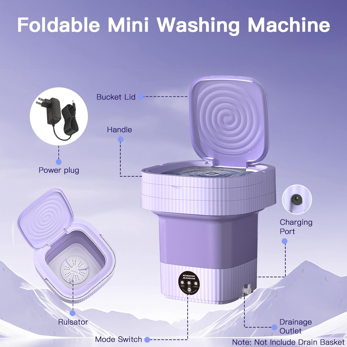 Portable Washing Machine,Mini Washer 10L High Capacity with 3 Modes Deep Cleaning for Baby Clothes,Underwear or Small Items,Foldable Washer for Apartment,Camping,Rv Travel Laundry-Gift Choice(Purple) image number 2