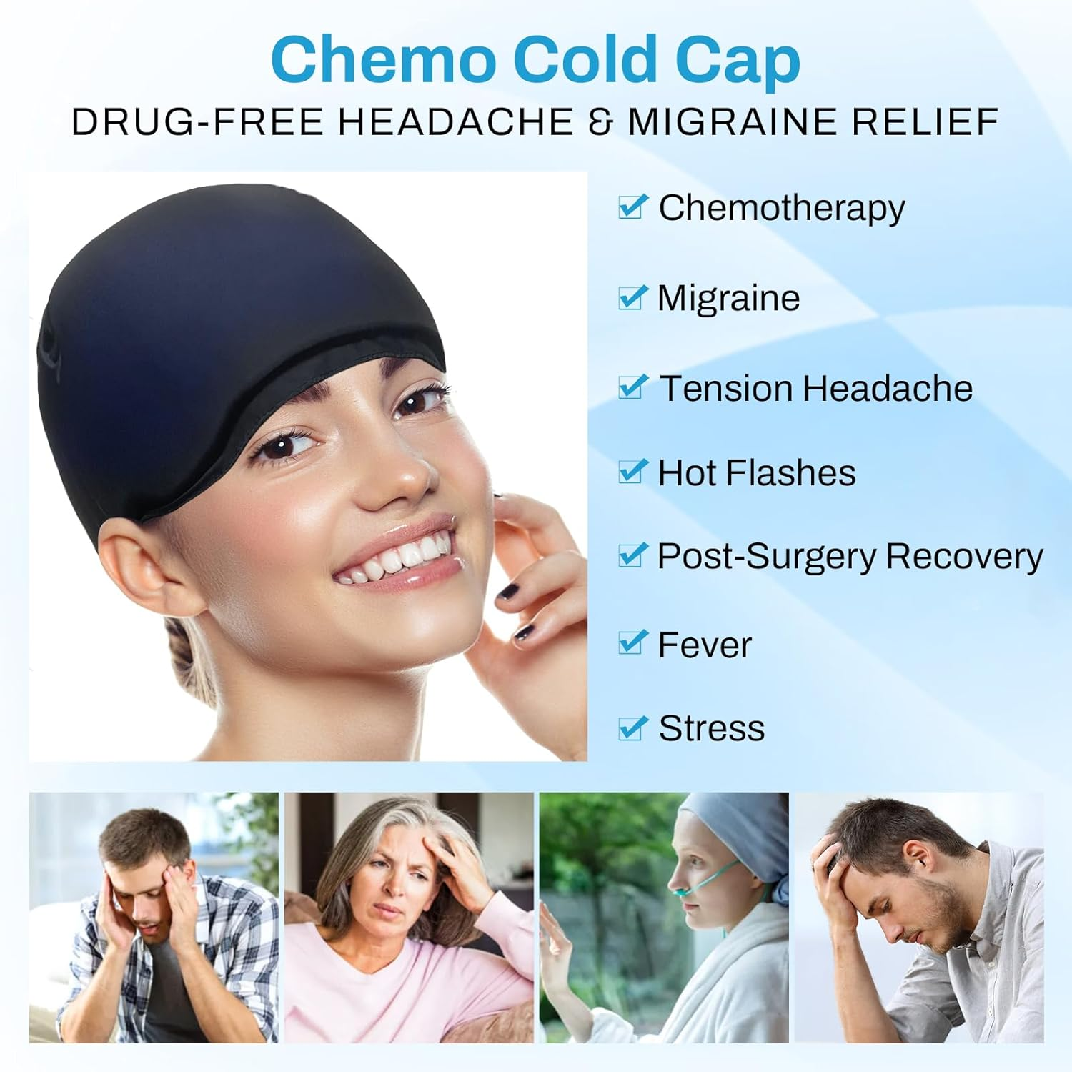 Vecozey Migraine Ice Head Wrap - Hot and Cold Therapy Chemo Cap for Cancer Care, Headache Relief Cap, Reusable Gel Cooling Hat for Chemotherapy Patients, Tension & Stress Pain Relief, Comfort Fit (Women & Men) image number 3