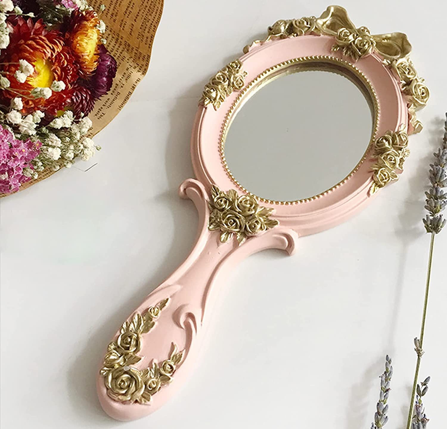 Nerien Vintage Style Rose Hand Held Mirror Princess Oval Vanity Mirror Pink