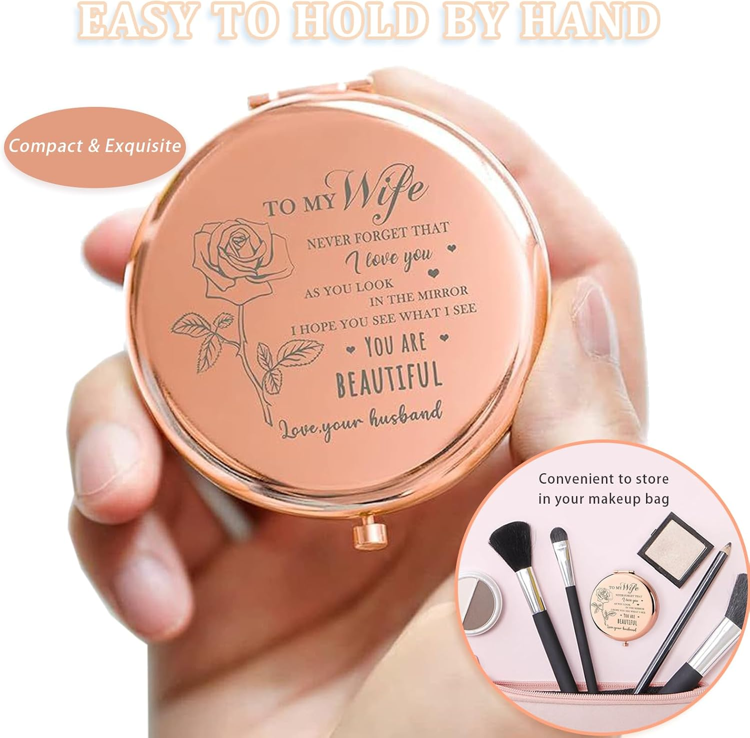 Checkzed Souvenir for Wife - Gold Compact Mirror, Romantic Souvenir for Your Lover, Birthday, Valentines Day, Mothers Day, Travel Makeup Mirror, Unique Souvenirw for Her (For Wife) image number 3