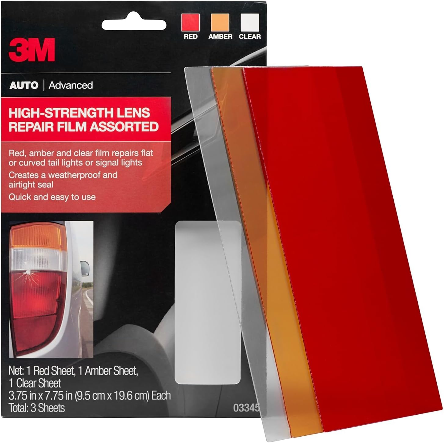 3M Auto High-Strength Lens Repair Film, 3.5 in X 7.75 In, Assorted Sheets: Red/Amber/Clear, Weatherproof & Airtight Seal, Flexible Film Repairs Flat or Curved Lenses on Truck & Car Lights (03345) image number 1