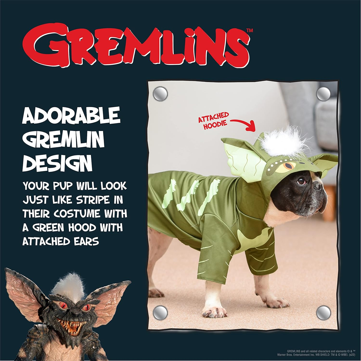 Warner Bros Horror WB: Gremlins Halloween Costume for Dogs with Hood &ndash; Size Large | Cute Pet Costumes, Scary Costumes for Dogs| Officially Licensed Gremlins Pet Products, Green (FF23213)