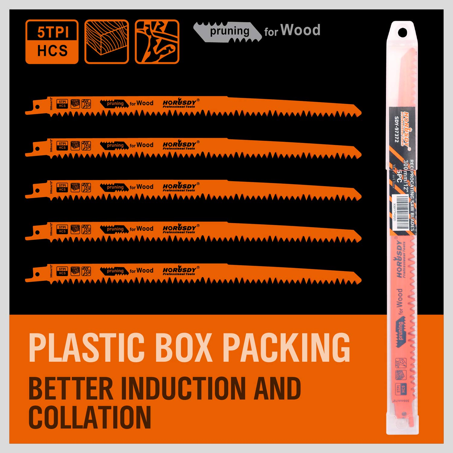 HORUSDY 5-Pack Wood Pruning Reciprocating Saw Blades, 12-Inch 5TPI Saw Blades 300Mm Long for Wood Cutting image number 1