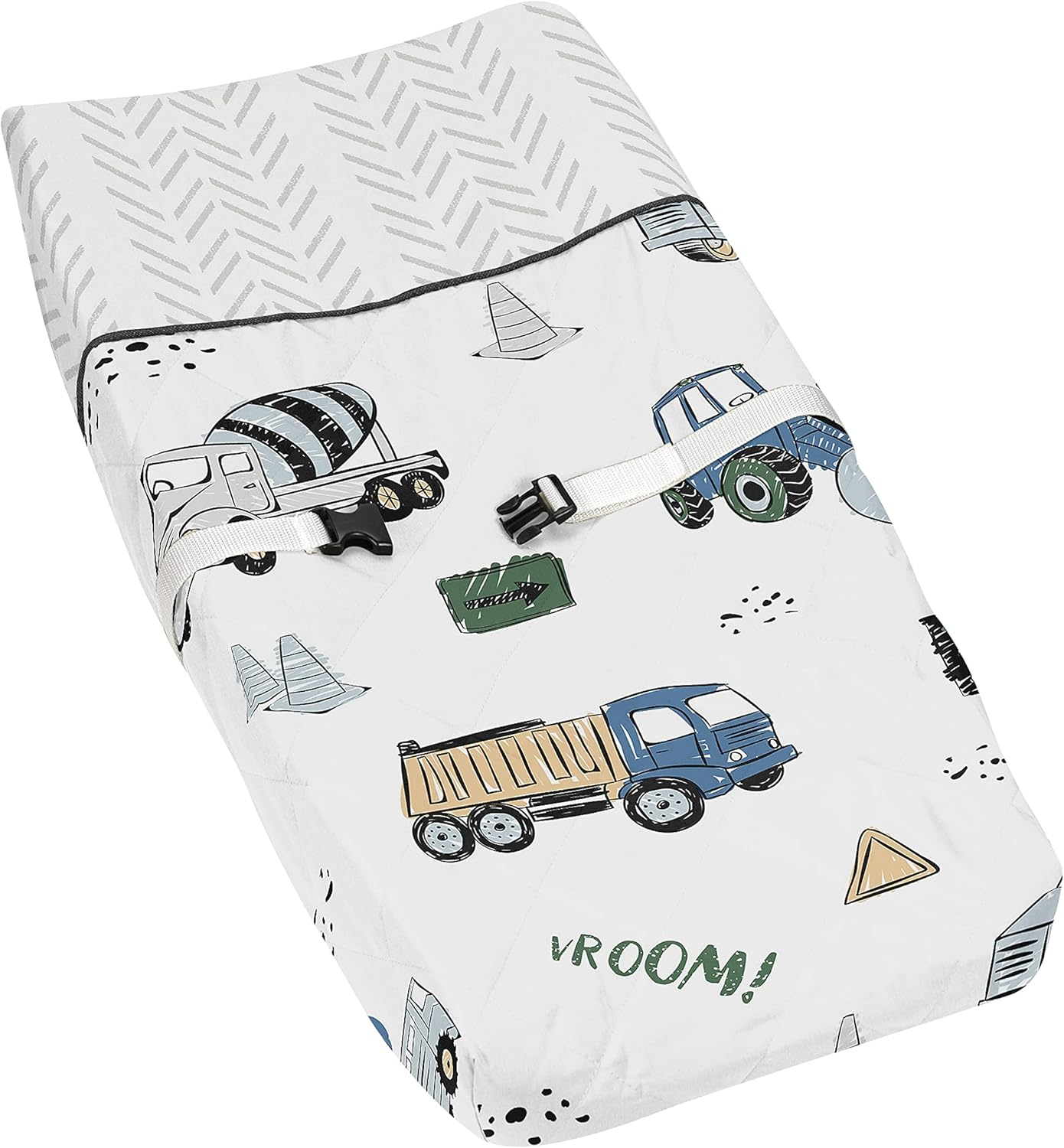 Sweet Jojo Designs Construction Truck Boy Baby Nursery Changing Pad Cover - Grey Yellow Black Blue and Green Transportation Chevron Arrow