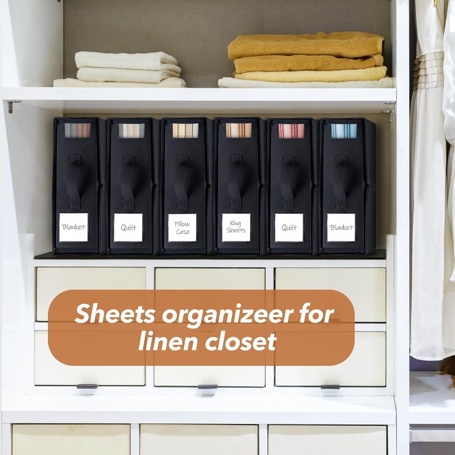 JCQMZB King Size Bed Sheet Organizer - Foldable Bedding Organizer with Reinforced Handle, Clear Window & Replaceable Labels, Thickened Oxford Cloth for Sheets, Covers,And Pillowcases (Black, 6Pcs） - Black image number 4