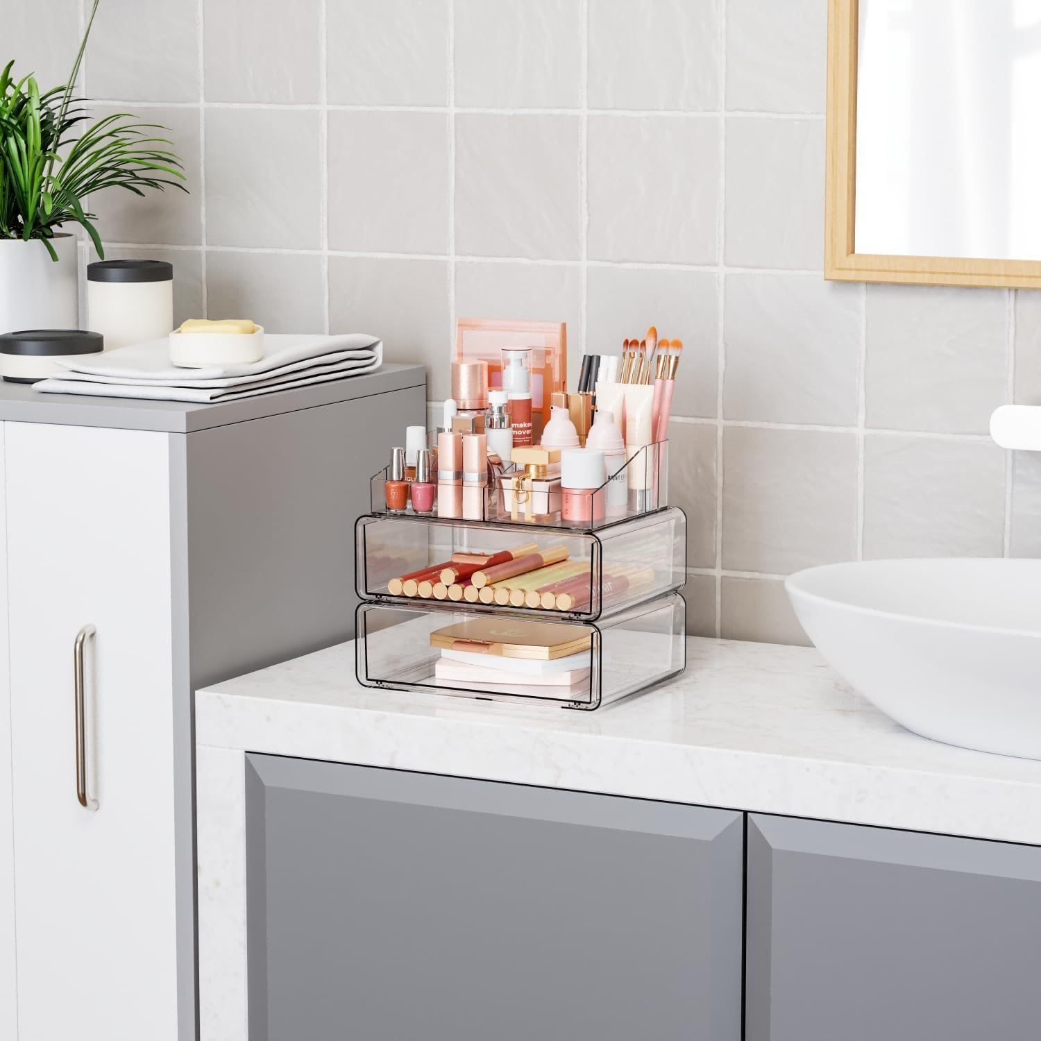 3-Tier Clear Stackable Acrylic Makeup Organizer with Drawer, Vanity Bathroom Countertop Cosmetic Display & Storage Case for Lipstick Brushes Skincare Perfume Jewellery Nail Polish image number 2