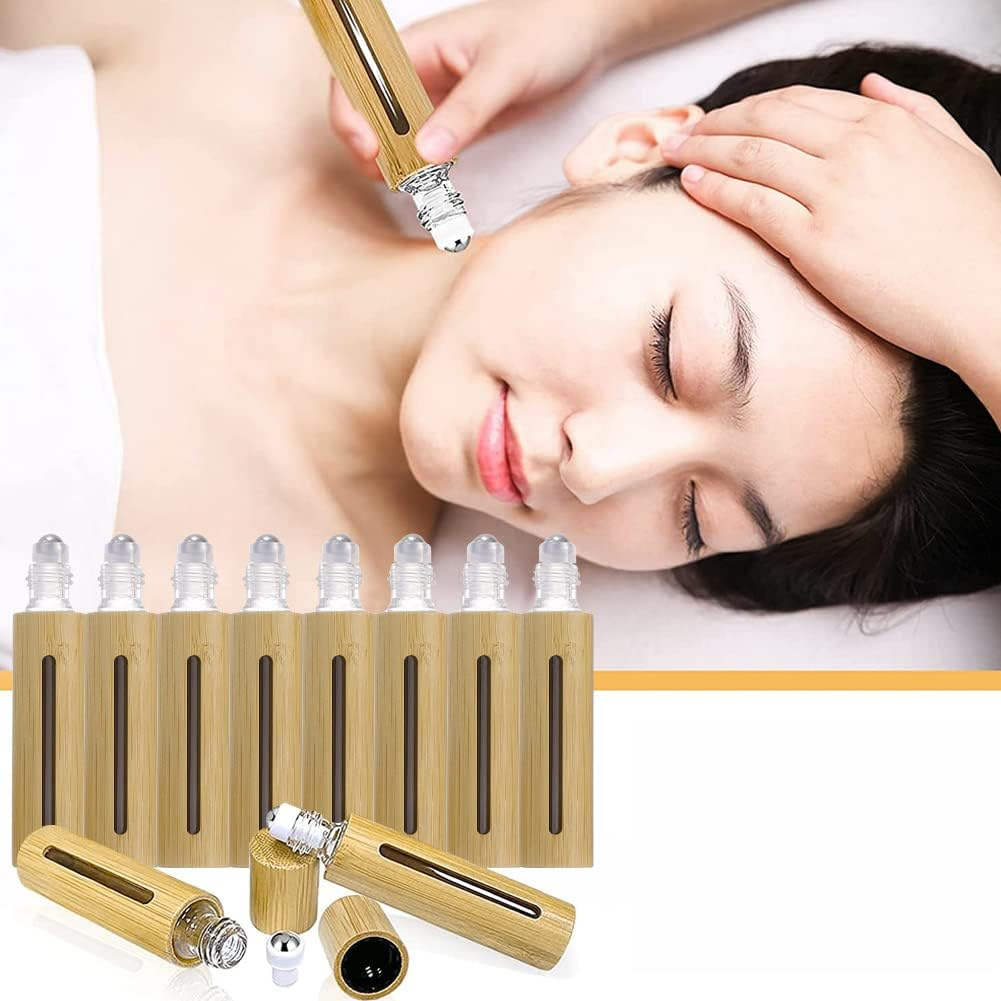 Thinslimer 4 Pack 10Ml Bamboo Roller Bottles Portable Open Window Massage Essential Bottle Oil Roller Bottles with Stainless Steel Roller Ball for Perfumes Essential Oil image number 6
