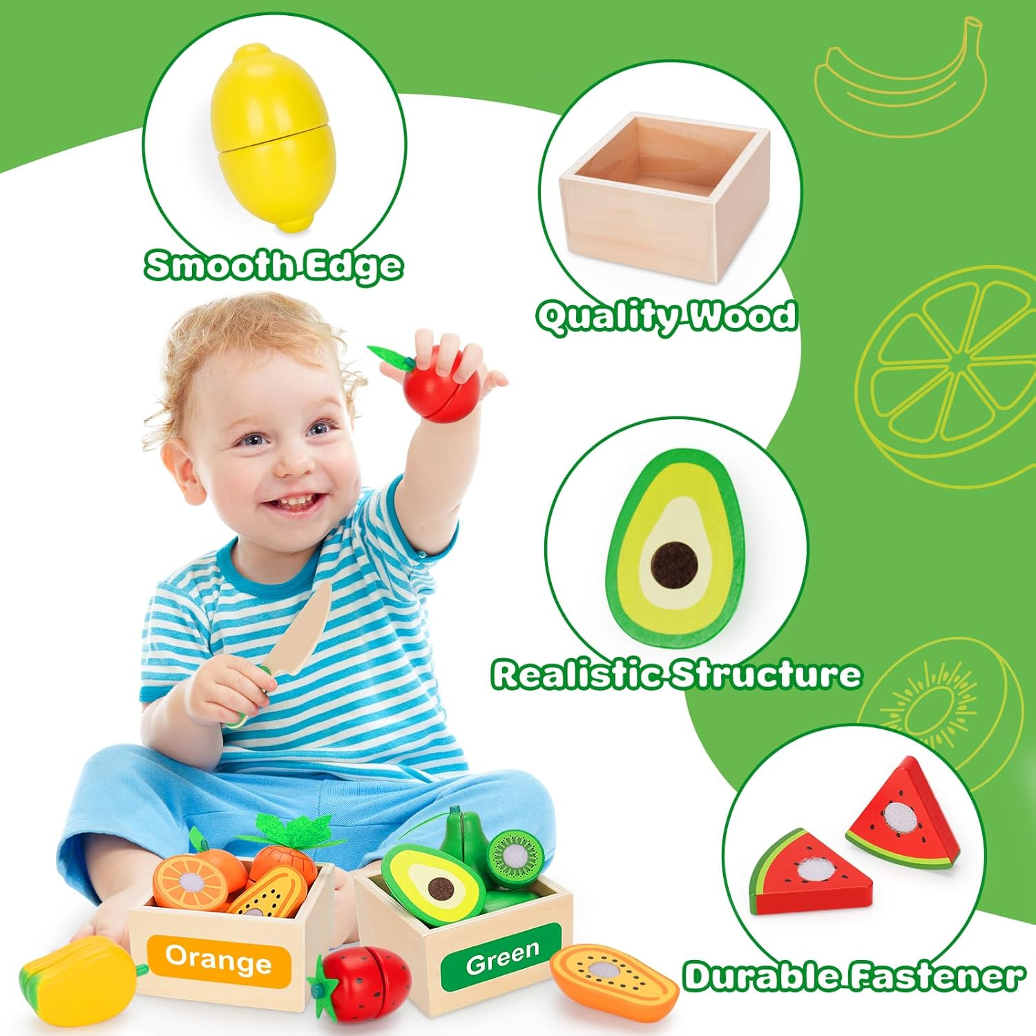 Wooden Play Food Toy Set for Kids Kitchen - 30 Pcs Montessori Cutting & Color Sorting Fake Fruit Accessories with 4 Boxes, Pretend Play Toys for Toddlers 3, Birthday Gifts for Boys Girls image number 1