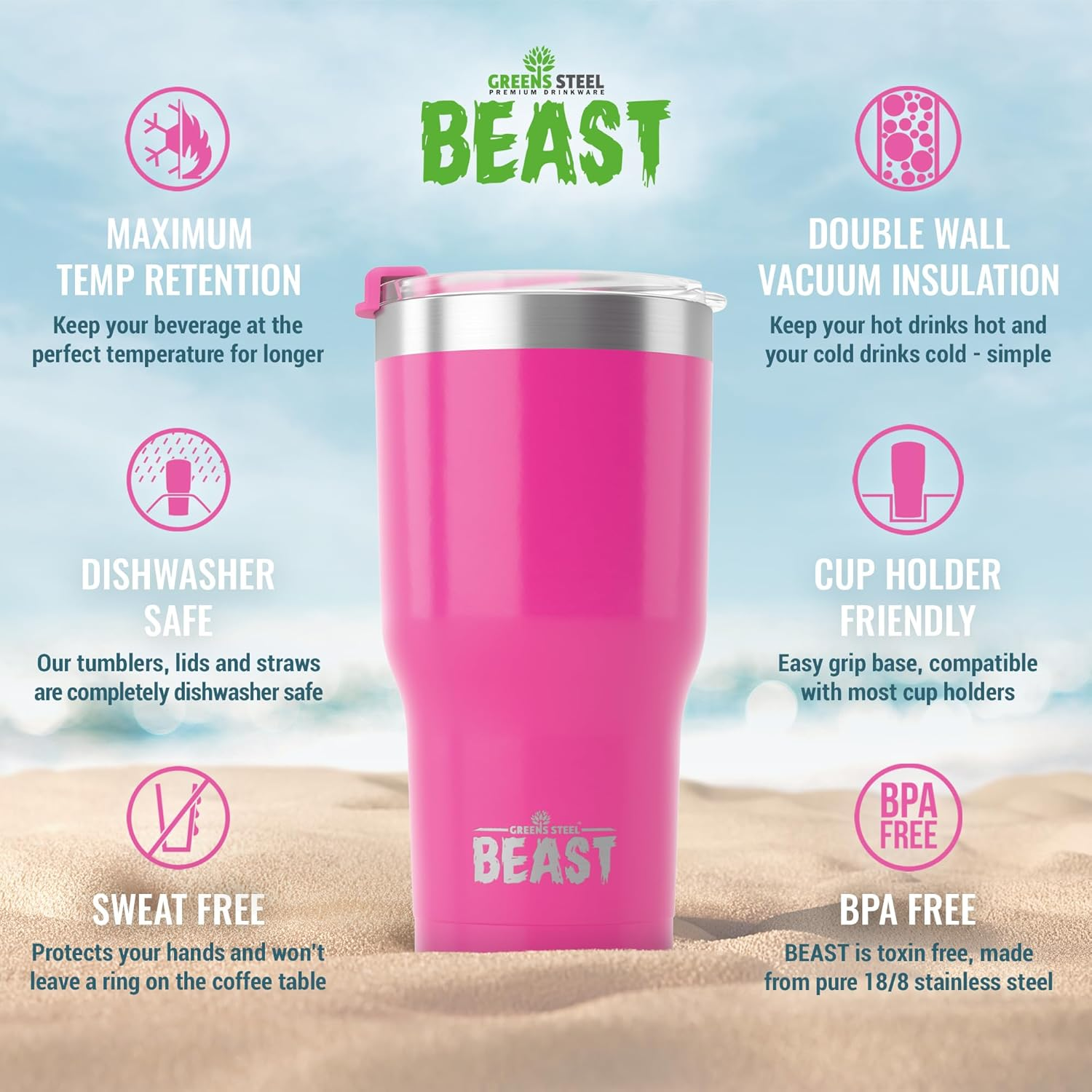 Greens Steel Beast 40 Oz Tumbler Stainless Steel Vacuum Insulated Coffee Ice Cup Double Wall Travel Flask by &hellip; (Cupcake Pink)