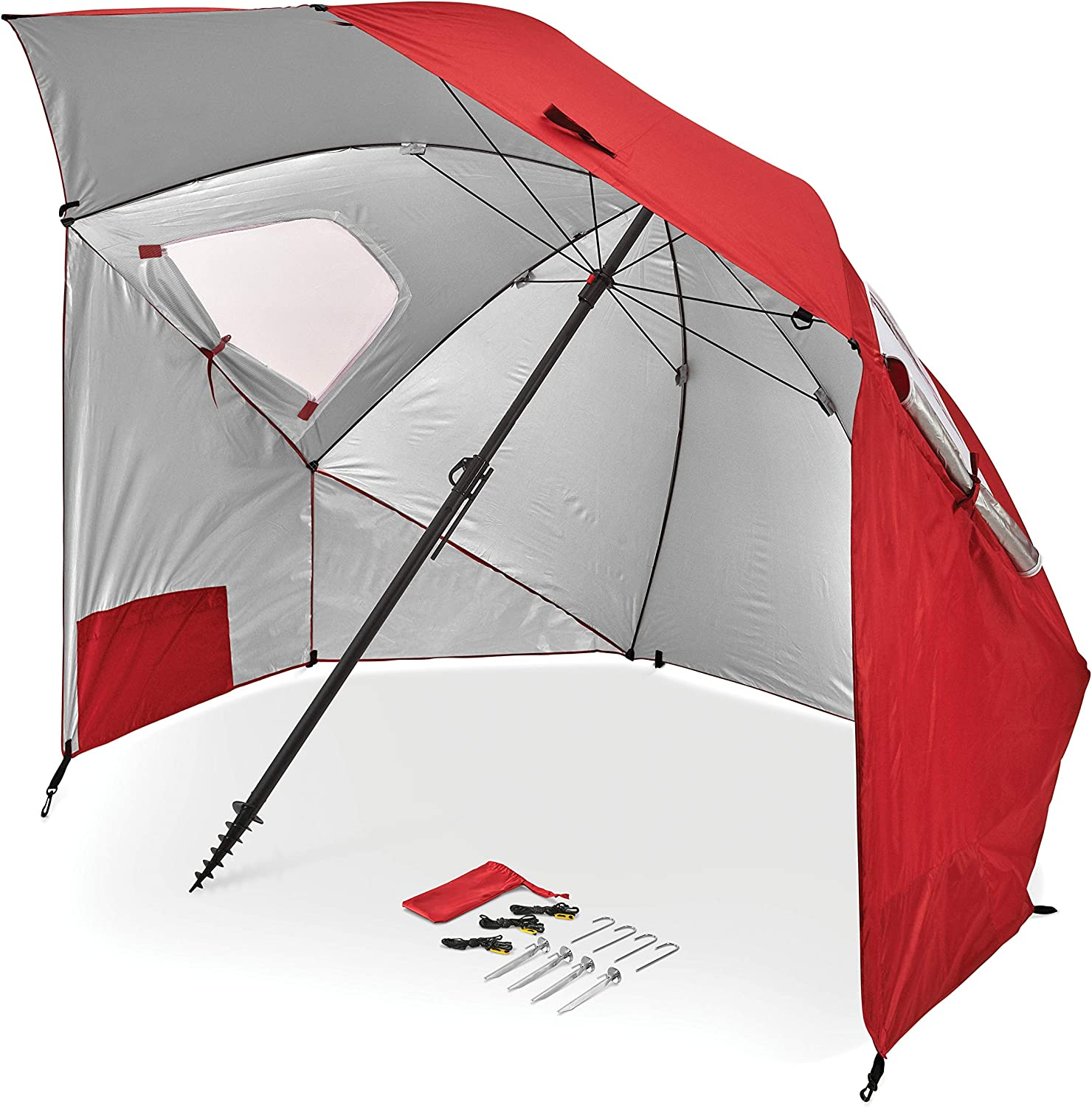 Sport-Brella Premiere XL 9-Foot Umbrella - Heavy-Duty 1.25" Center Pole & Twist Handle Auger - UPF 50+ Sun Protection - Privacy Side Panels, Zippered Windows & 2 Interior Pockets - Carry Bag Included