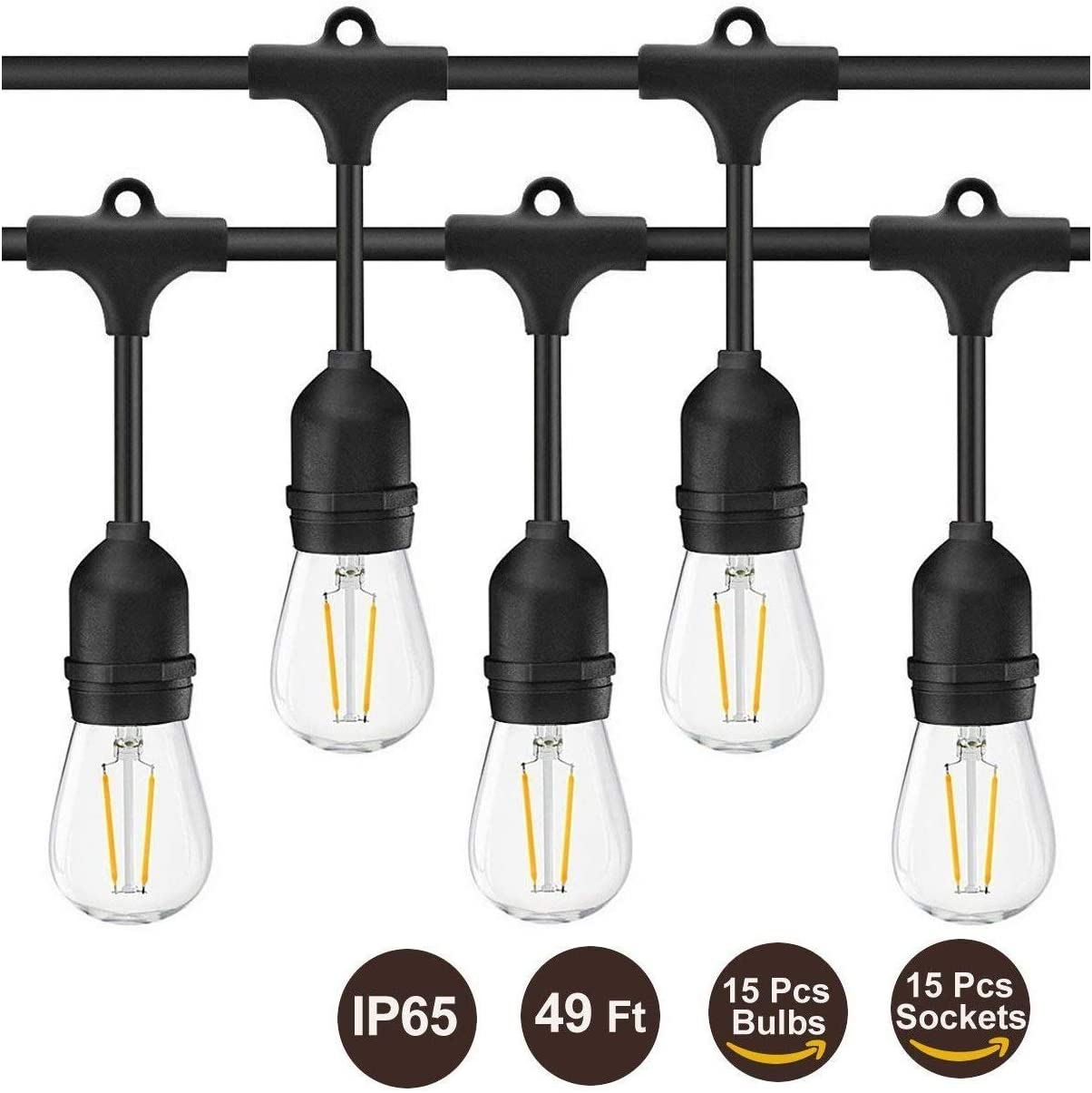 LED Outdoor String Lights- Geecol 49Ft Waterproof IP65 Commercial Grade S14 Heavy Duty Festoon String Light 15 Hanging Sockets with 15 S14 2W LED Bulb Warm White 2700K for Party Patio Garden image number 1