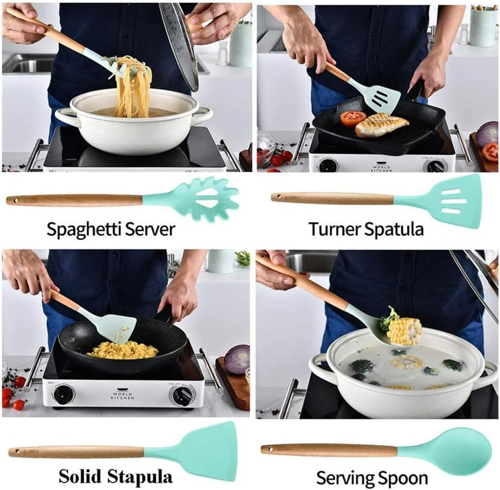 12PCS Green Silicone Kitchen Utensil Set with Wooden Handles - Non-Stick, Heat-Resistant Cookware Tools, Including Spatula, Turner, Tongs, and Spoon Set with Holder image number 1