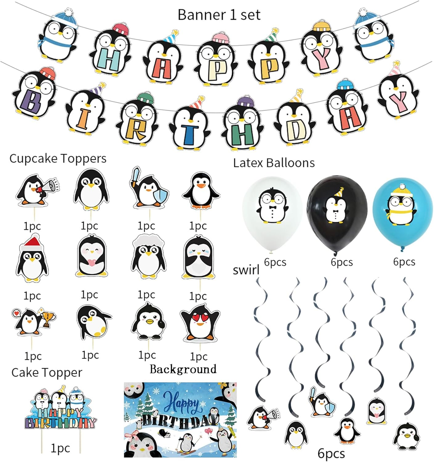 Penguin Birthday Party Supplies - Blue, Yellow, Pink - Cartoon Penguin Decorations - Includes Banner, Balloons, Cake Topper, Cupcake Toppers, Spirals, Background - 39 Count image number 4