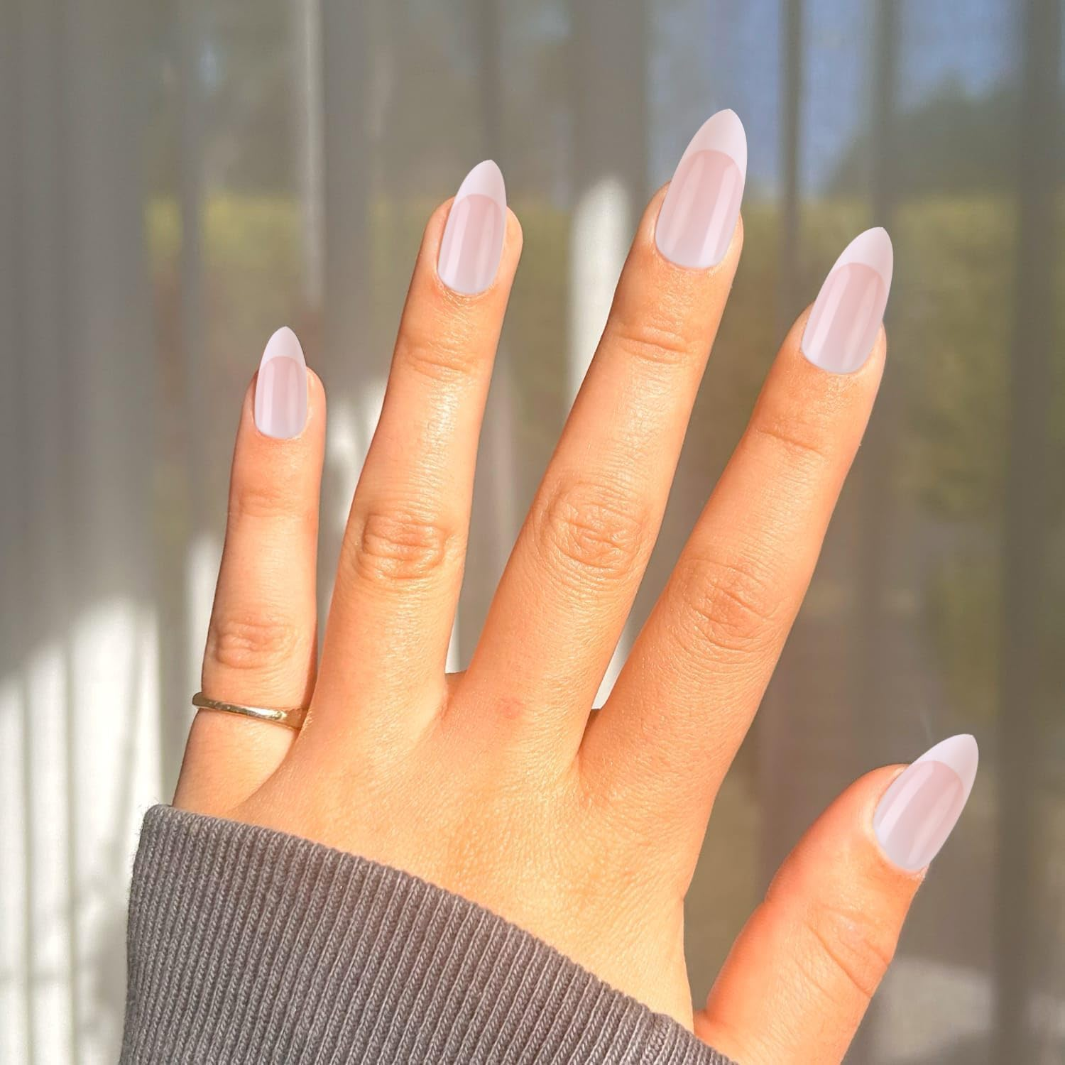 24 Pieces Long Almond French Press on Nails Kit, White Tips, Full Coverage Artificial Nails (French - Almond) image number 6