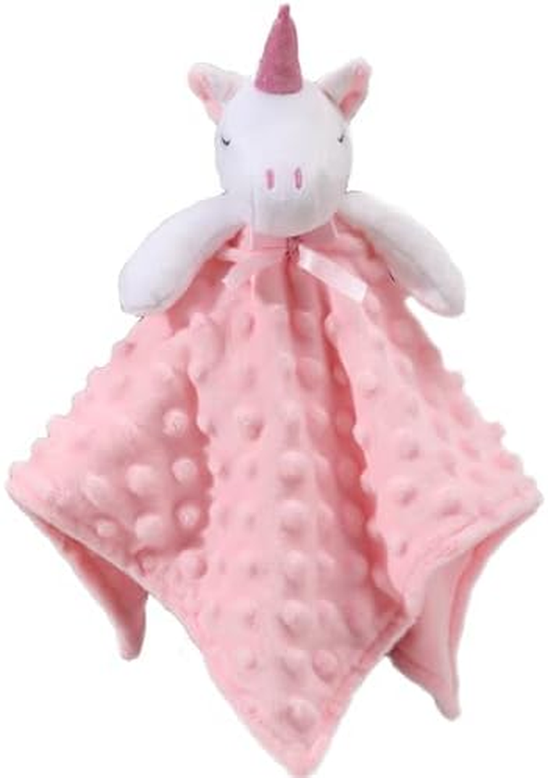 CREVENT Cozy Plush Baby Security Blanket Loveys for Baby Girls, Minky Dot Front + Sherpa Backing with Animal Face (Pink Unicorn + Tag) image number 3