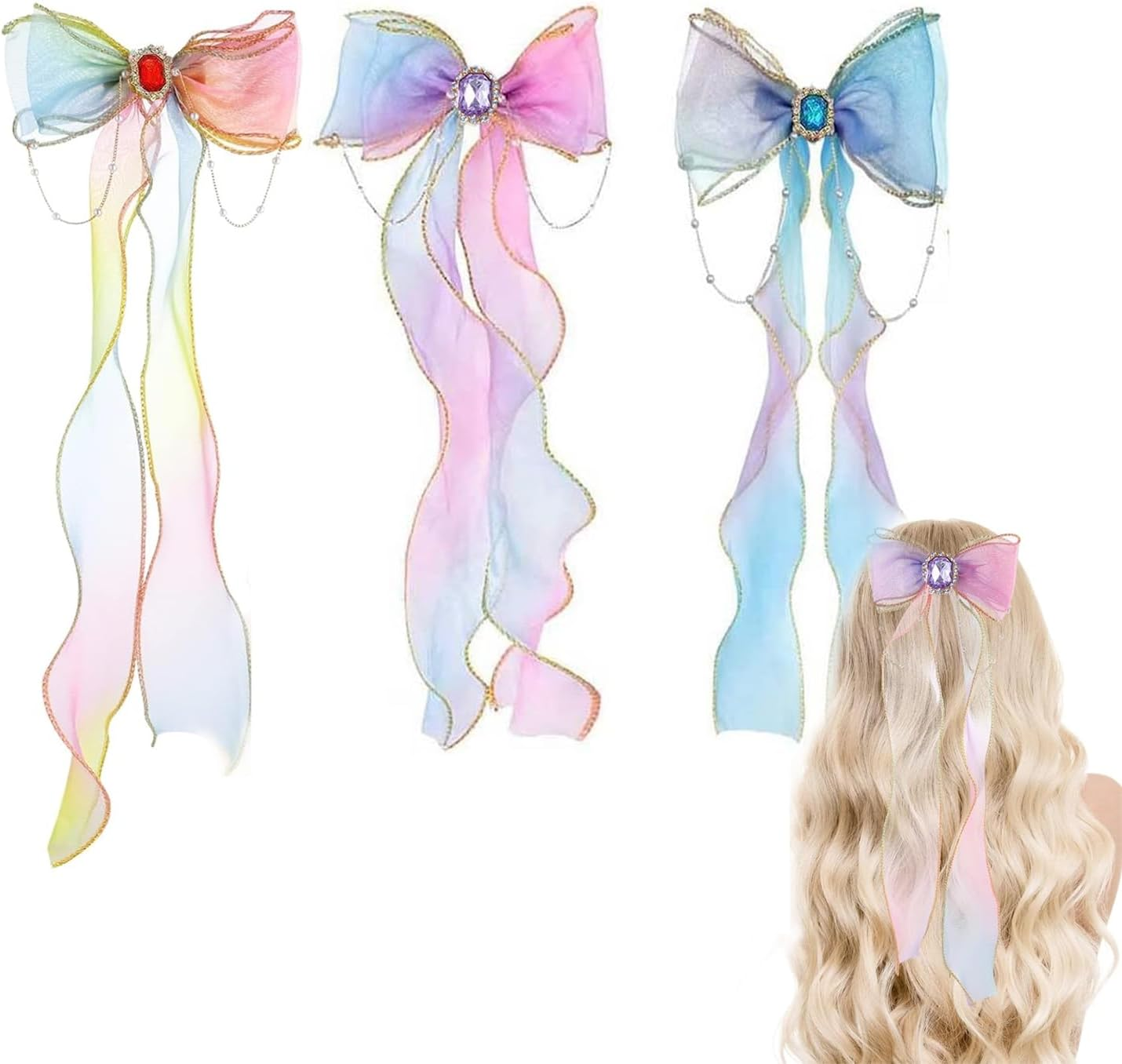 Pack of 3 Butterfly Colourful Ribbon Clips, Pearl Chain Bow Hair Clips, Women'S Tassel Bow Hair Clips, Girls Hair Accessories, Princess Hair Clip Decoration (Gradient Colour) image number 6