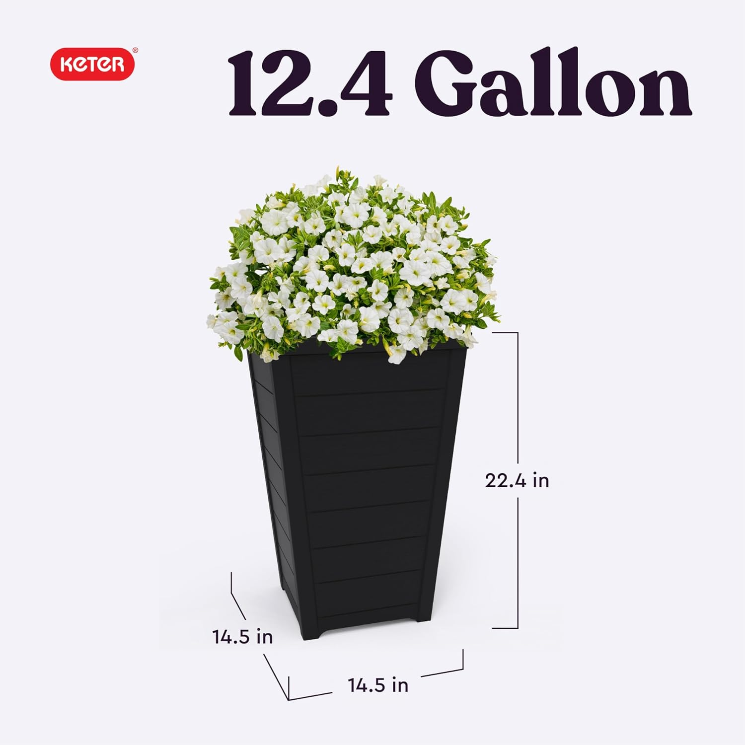 Keter Set of 2 Resin Modern Outdoor 22 Inch Tall Large Flower Pots, Tapered Wood Look Planters for Outdoor Plants and Front Porch Decor, Graphite image number 4